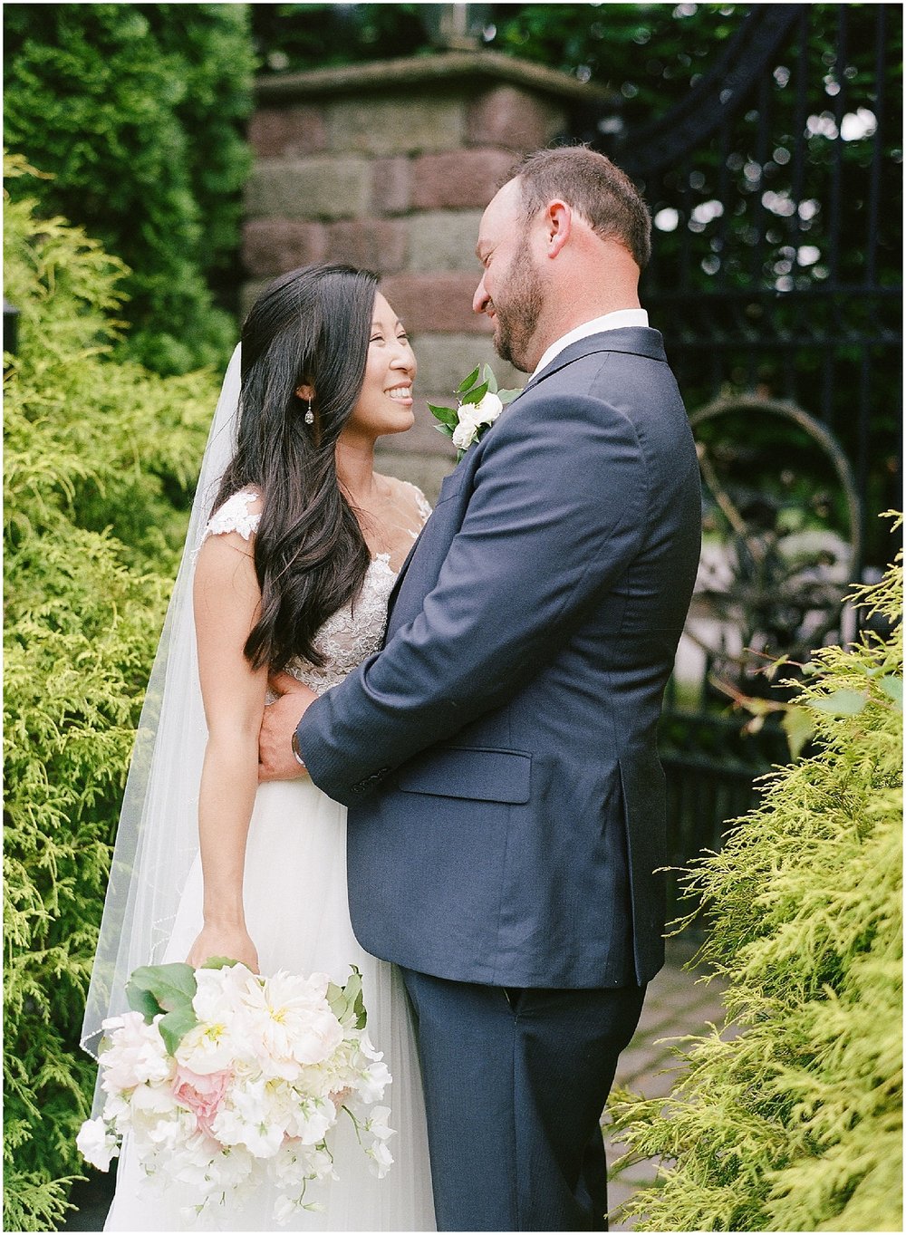 new jersey outdoor wedding, Monmouth University Wilson Hall, natural light photographer, film photographer, beautiful bride and groom portrait