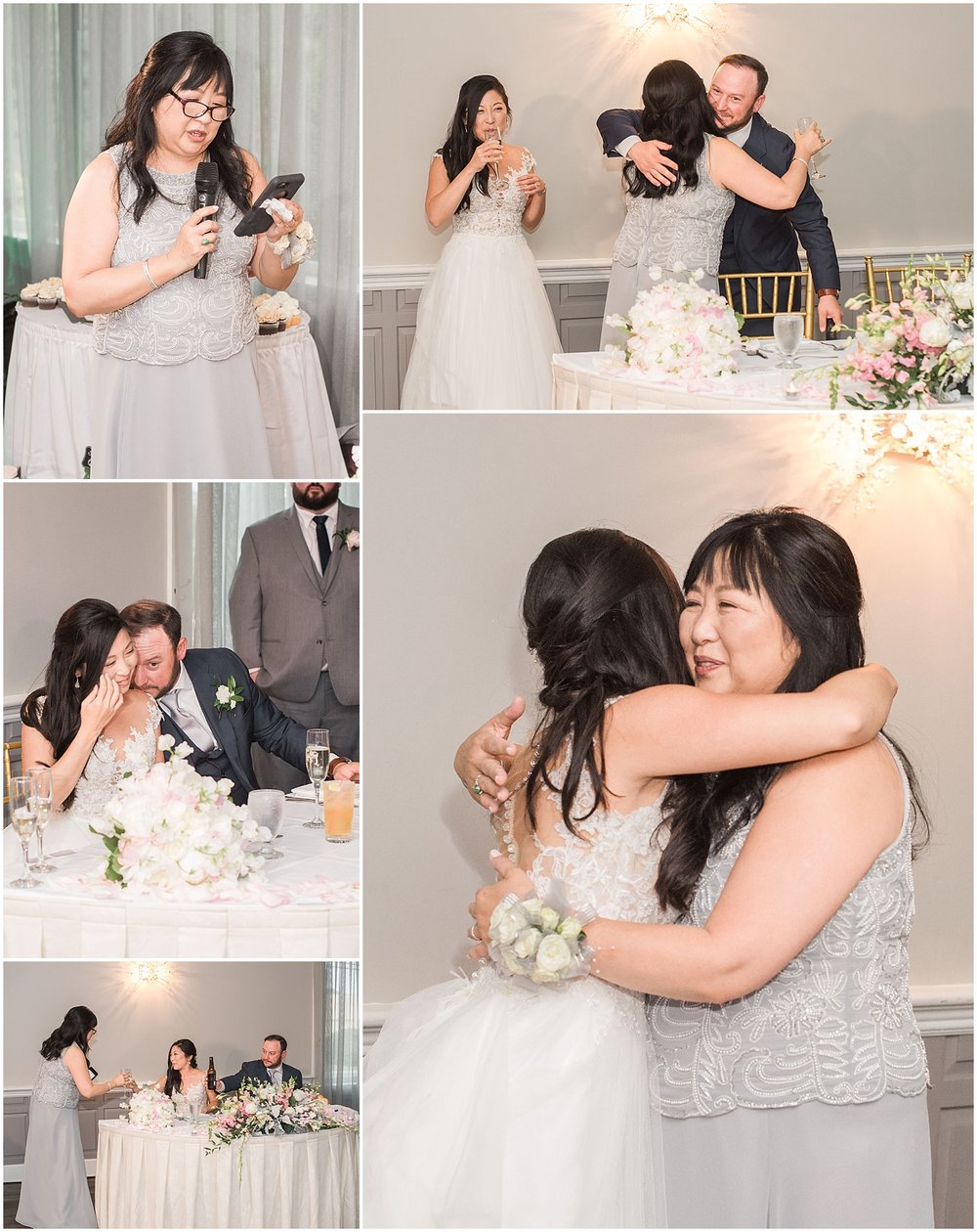 new jersey outdoor wedding, Monmouth University Wilson Hall, natural light photographer, hybrid photographer, reception speech by mother of the bride