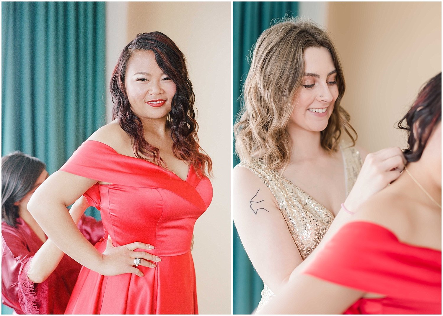 bride getting ready, wearing a red wedding dress in an bride and bridesmaids getting ready at an intimate wedding in hoboken new jersey at the W Hotel