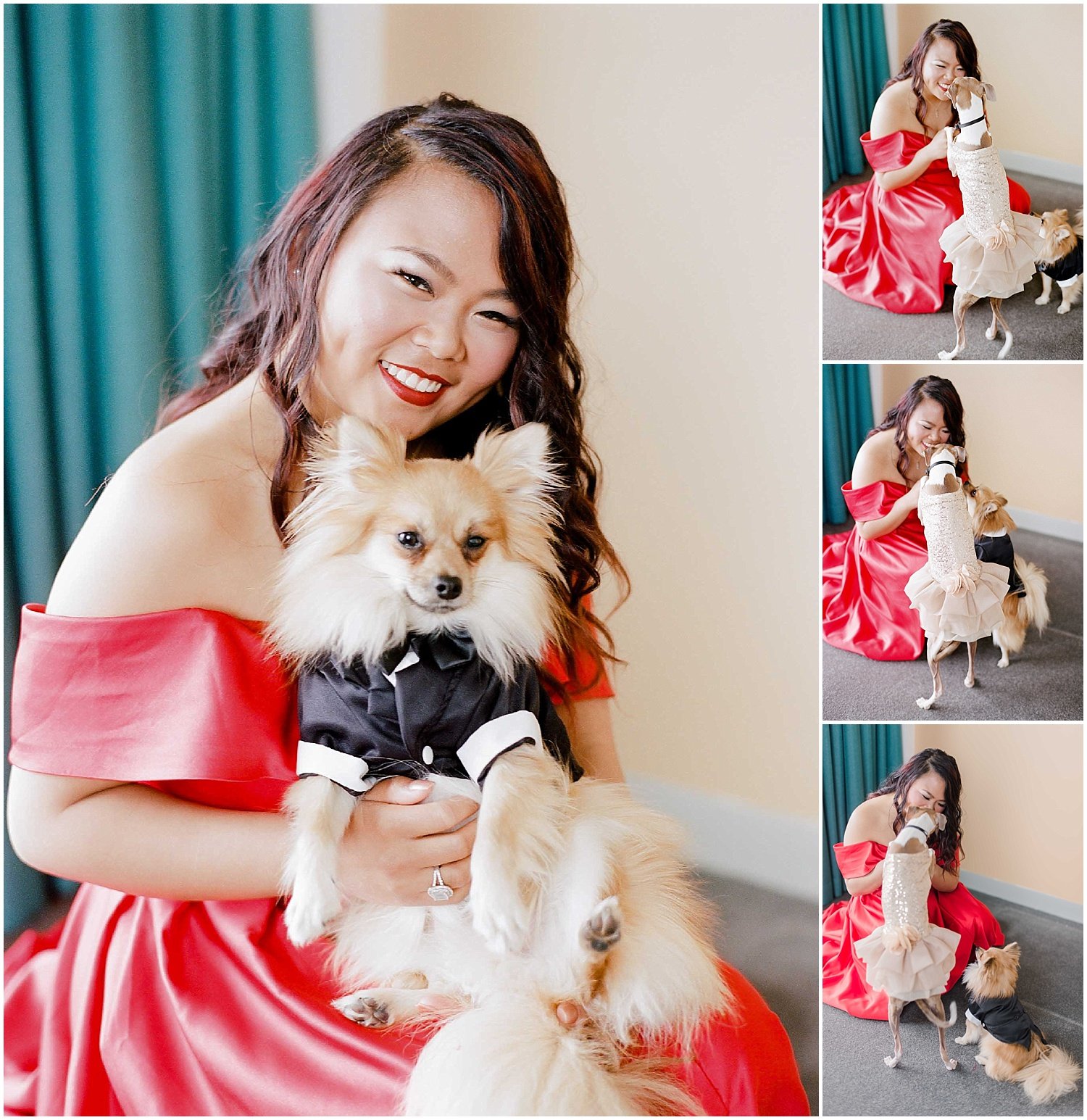 bride getting ready, with her dogs wearing a red wedding dress in an bride and bridesmaids getting ready at an intimate wedding in hoboken new jersey at the W Hotel