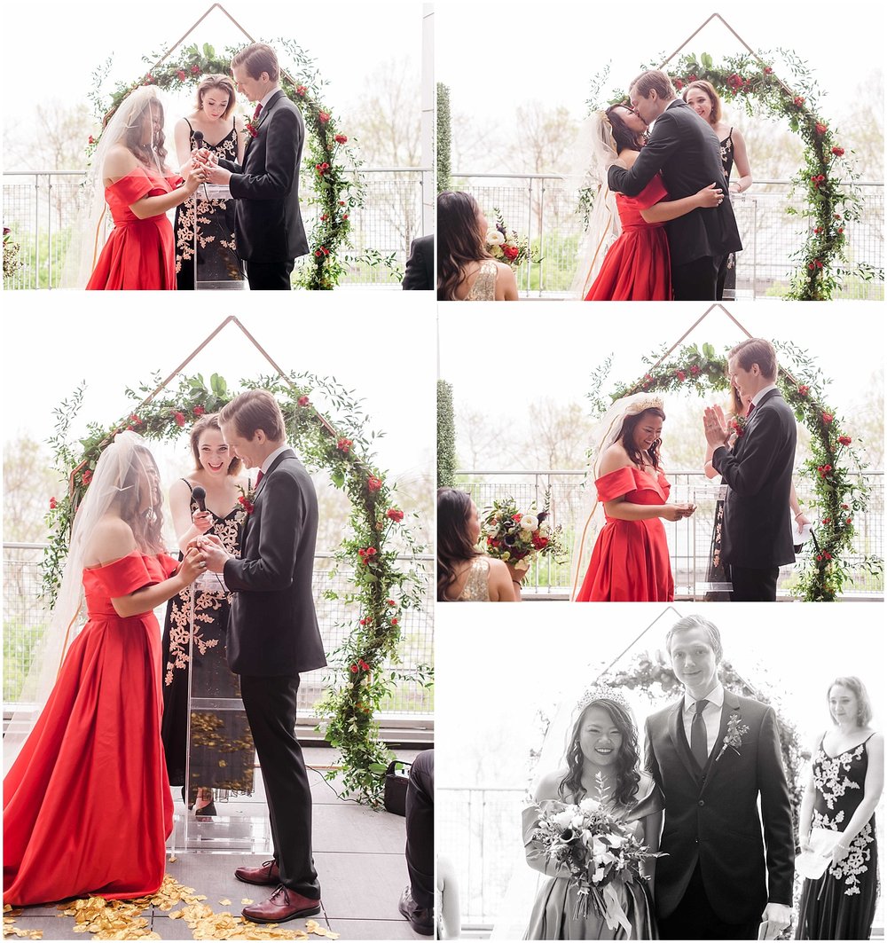 bride wears a red wedding dress for her intimate wedding in hoboken new jersey at the W Hotel