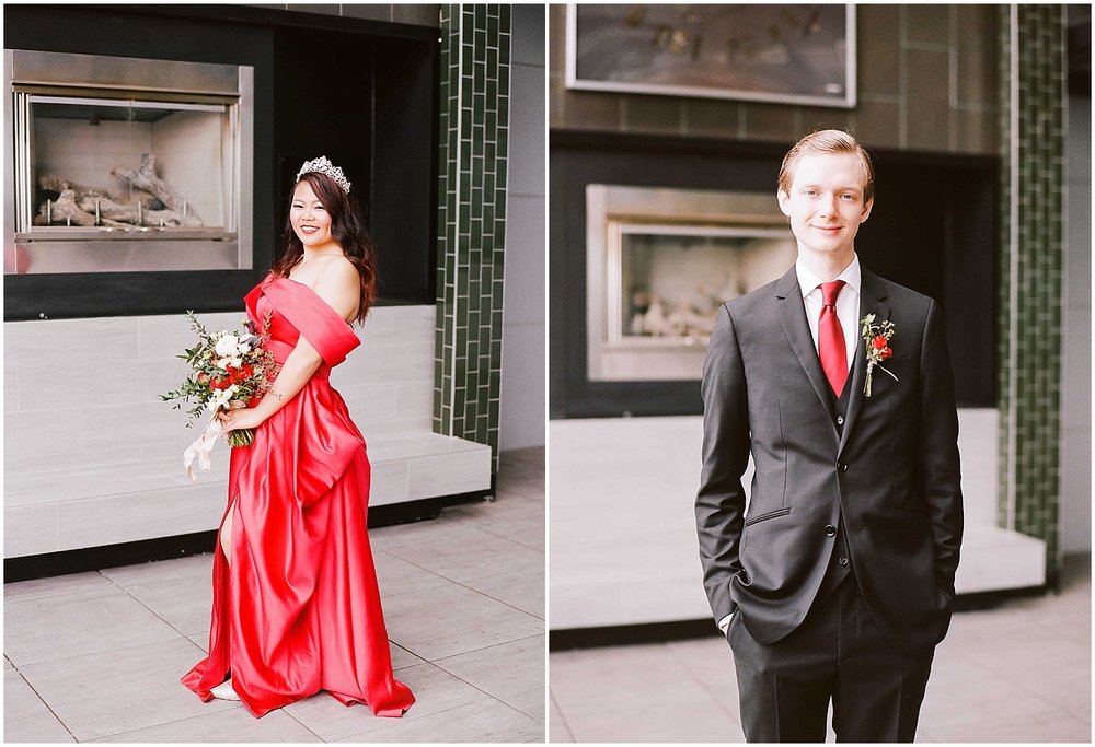 bride and groom portraits at their intimate wedding in hoboken new jersey at the W Hotel, creative wedding dress