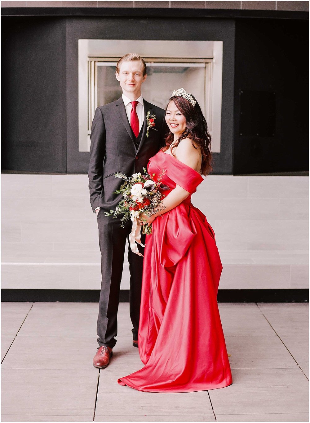 bride and groom portraits at their intimate wedding in hoboken new jersey at the W Hotel, creative wedding dress