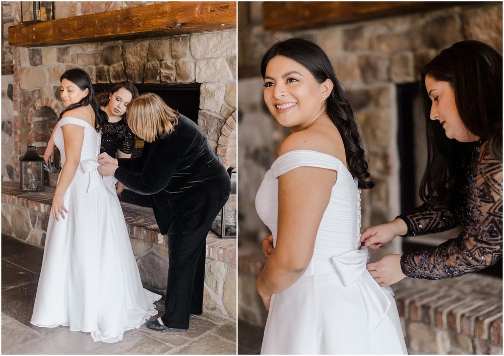 bride getting ready and having her Mom zip up the back of her dress at an intimate wedding ceremony at the mohawk house, NJ elopement