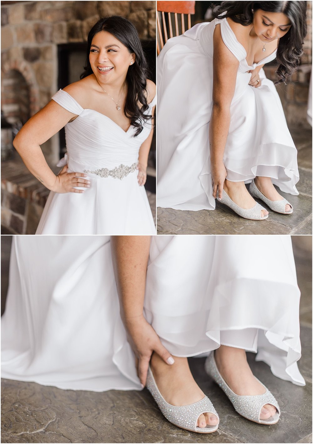 bride putting on the finishing touches of her wedding dress, and shoes for an intimate wedding, elopement