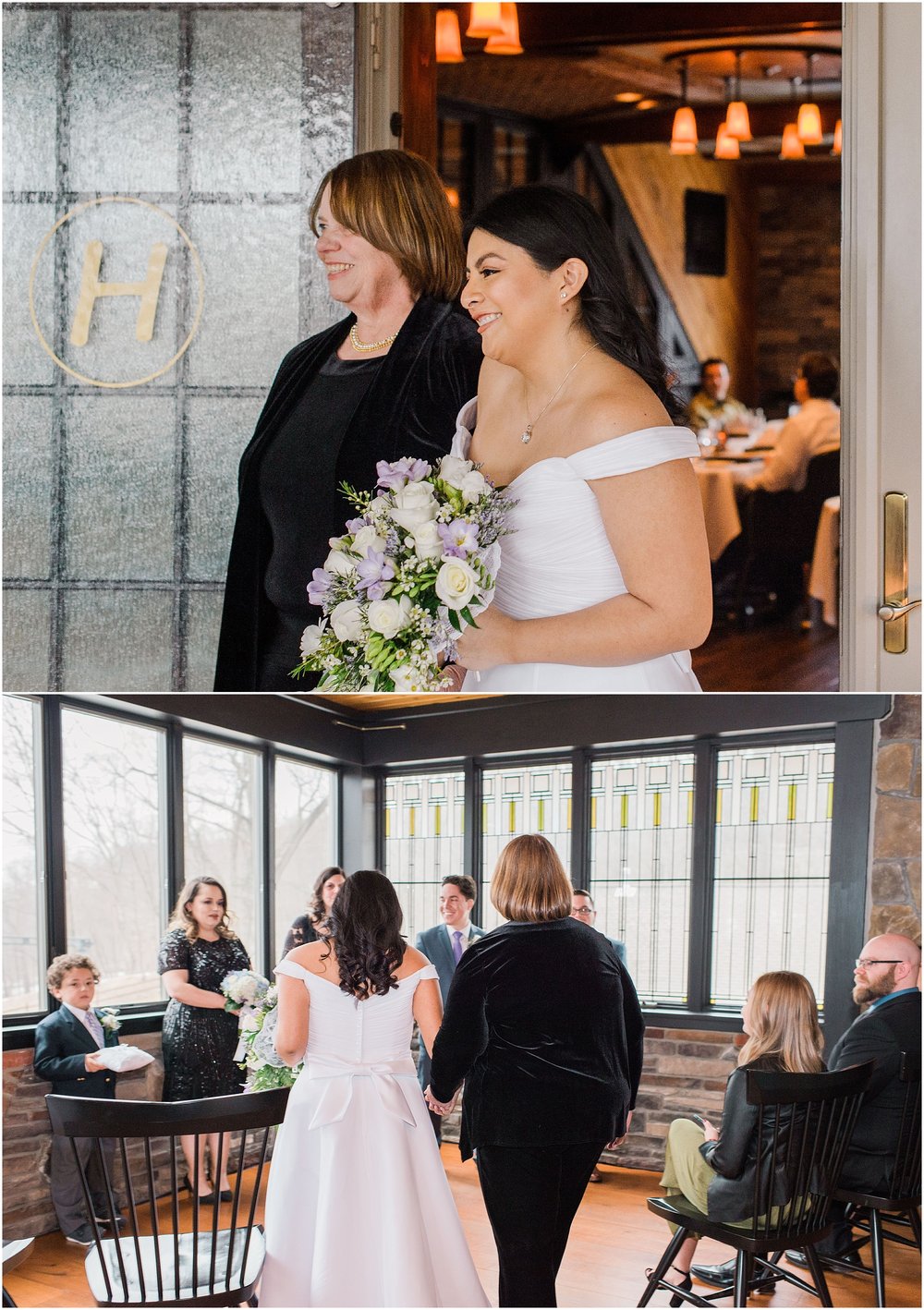 bride walking into wedding ceremony space with her Mom and seeing her groom for the first time for their intimate wedding ceremony, elopement