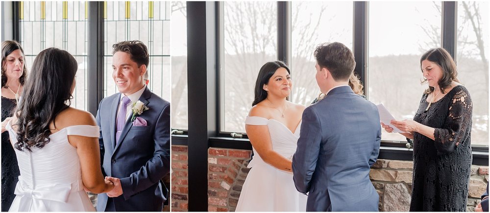 bride and groom hold hands during their intimate wedding ceremony in northern New Jersey, elopement