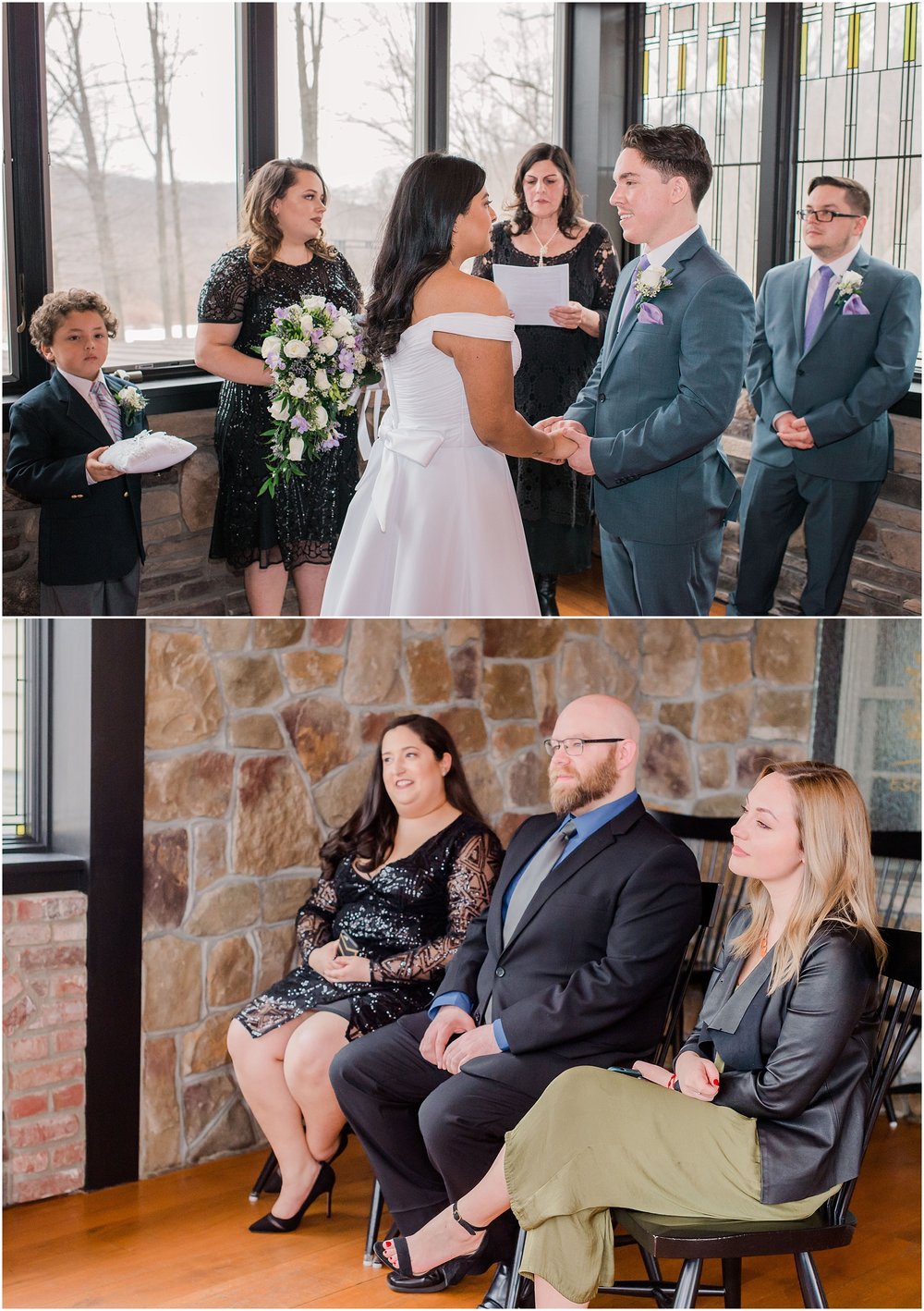 bride and groom exchanging vows as their friends watch during their intimate wedding ceremony, elopement
