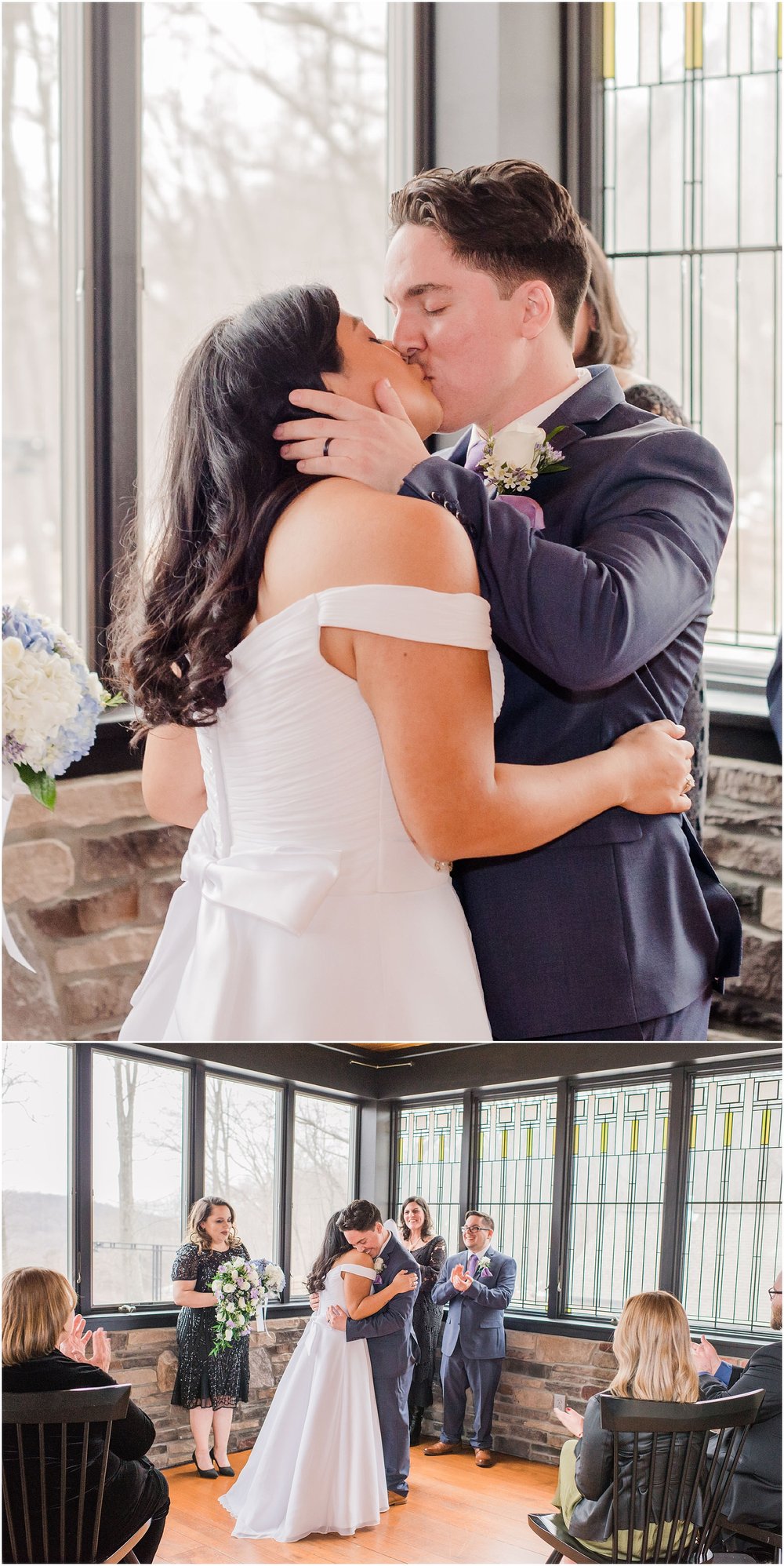 bride and groom kiss for the first time as husband and wife as their guests clap for their intimate wedding ceremony, NJ elopement