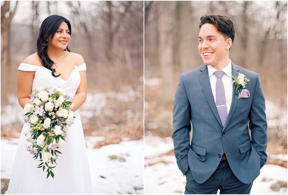 bride and groom portraits for an intimate wedding in the mountains on northern New Jersey, walking in the woods, shot on photographic film, portra 400, contax camera, elopement