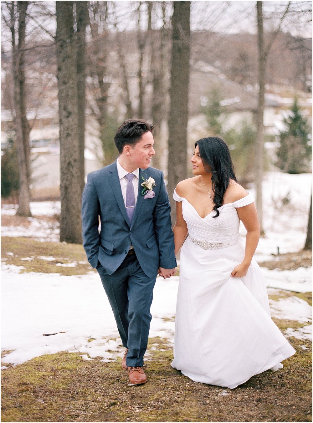 bride and groom portraits for an intimate wedding in the mountains on northern New Jersey, walking in the woods, shot on photographic film, portra 400, contax camera, elopement 