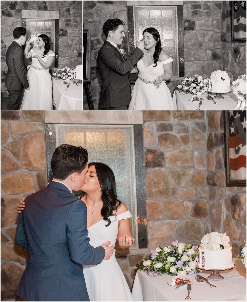 intimate wedding ceremony where husband and wife cut their cake and share a kiss for their elopement