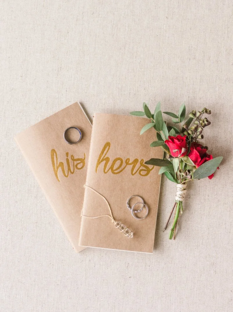  flat lay of his and hers wedding vow books, wedding accessories/rings and red roses with greenery 