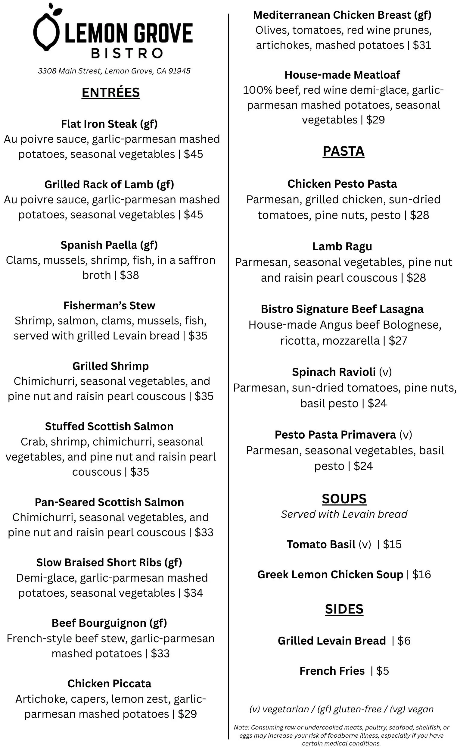 Lemon Grove Bistro Menu Spring and Summe 2026 Page 1