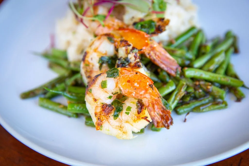 Plated Grilled Shrimp on Roast Asparagus by Grove Catering San Diego