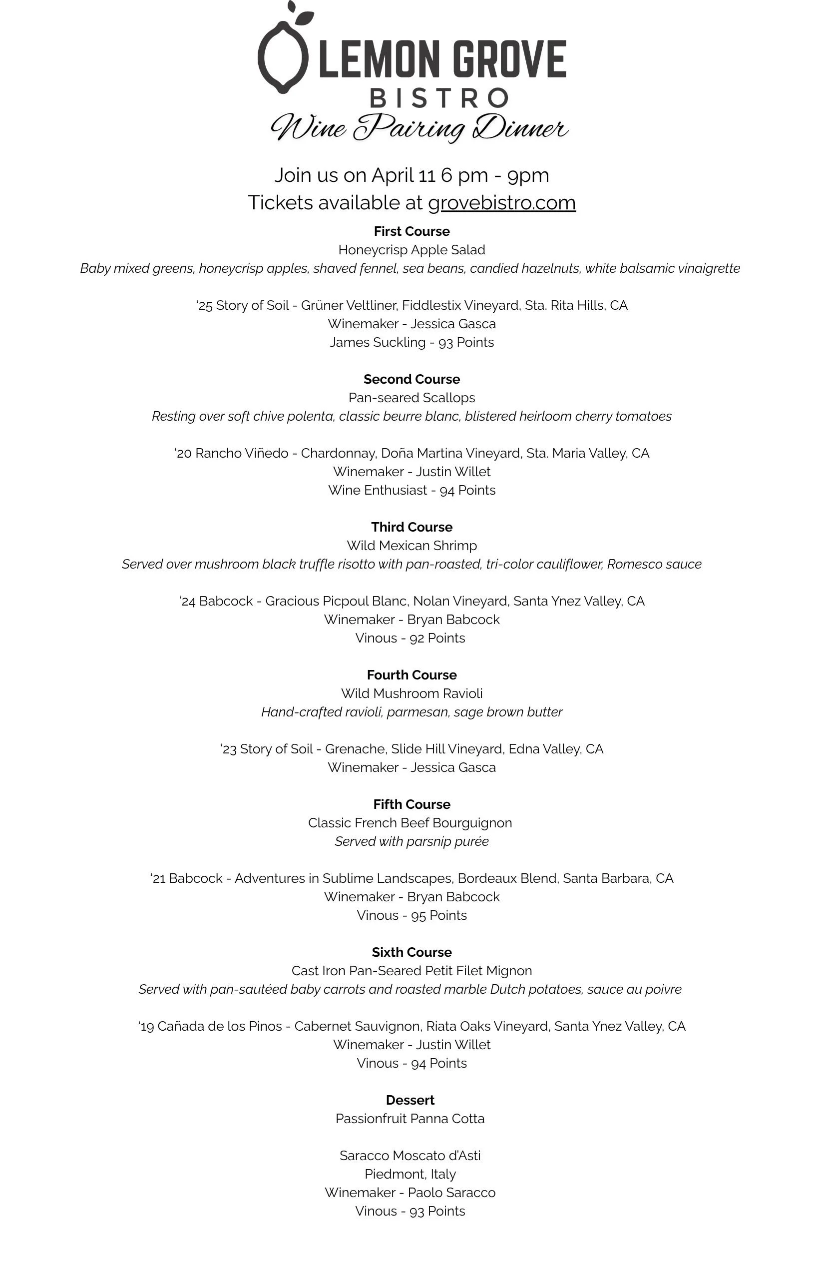 Wine Pairing Dinner Menu at Lemon Grove Bistro on April 11 2026
