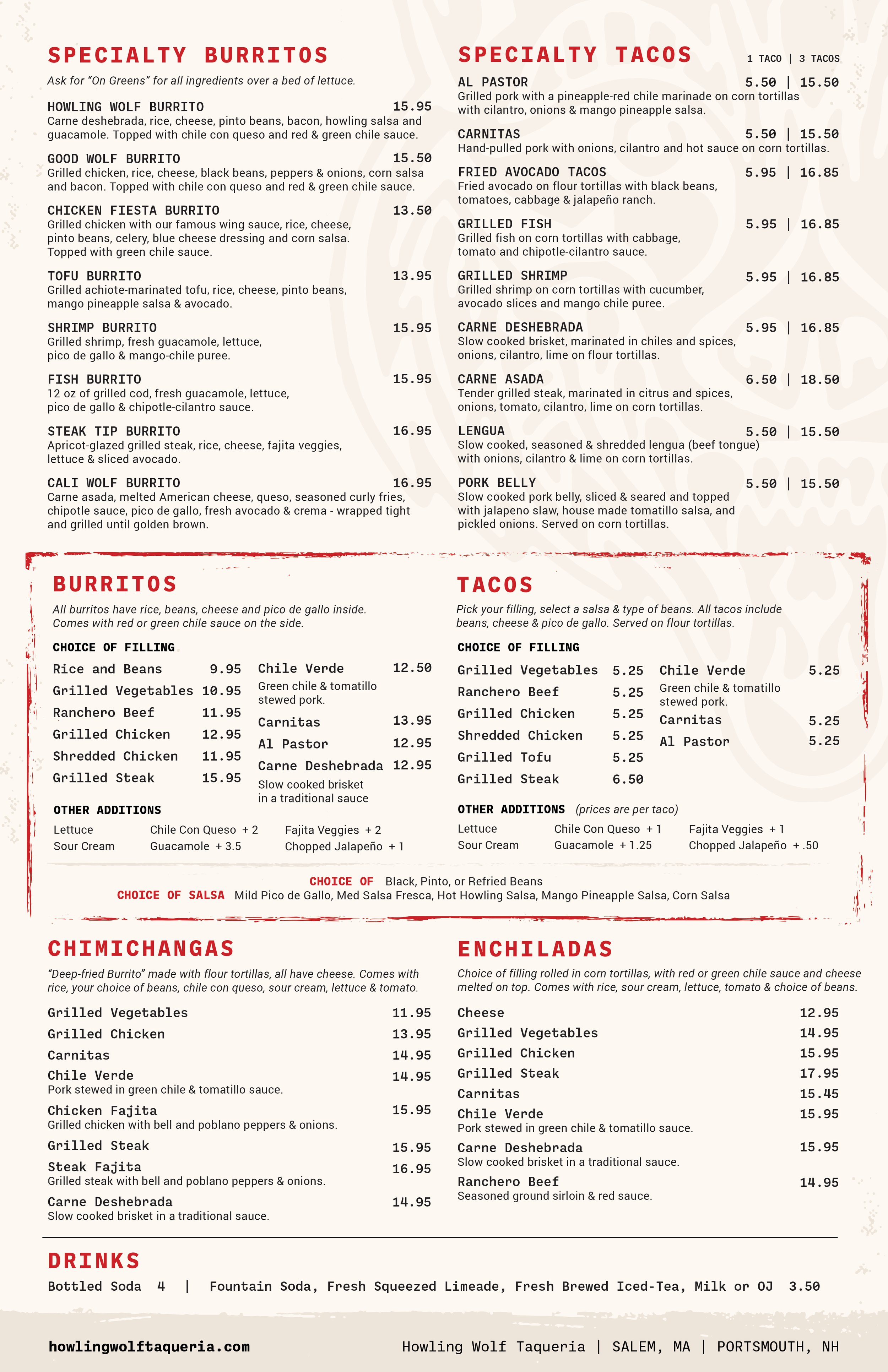 Howling Wolf Taqueria Dinner Menu