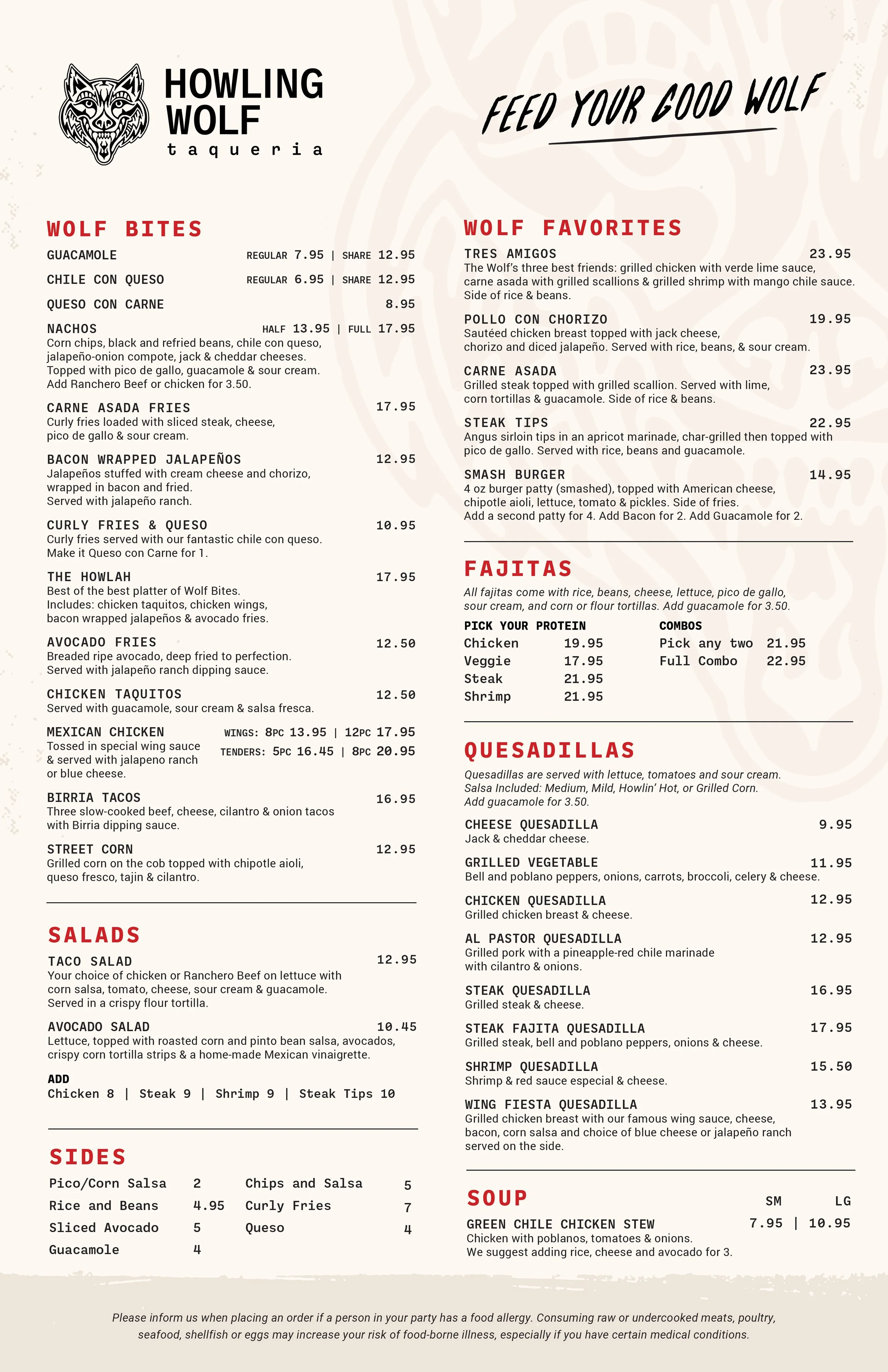 Howling Wolf Taqueria Dinner Menu