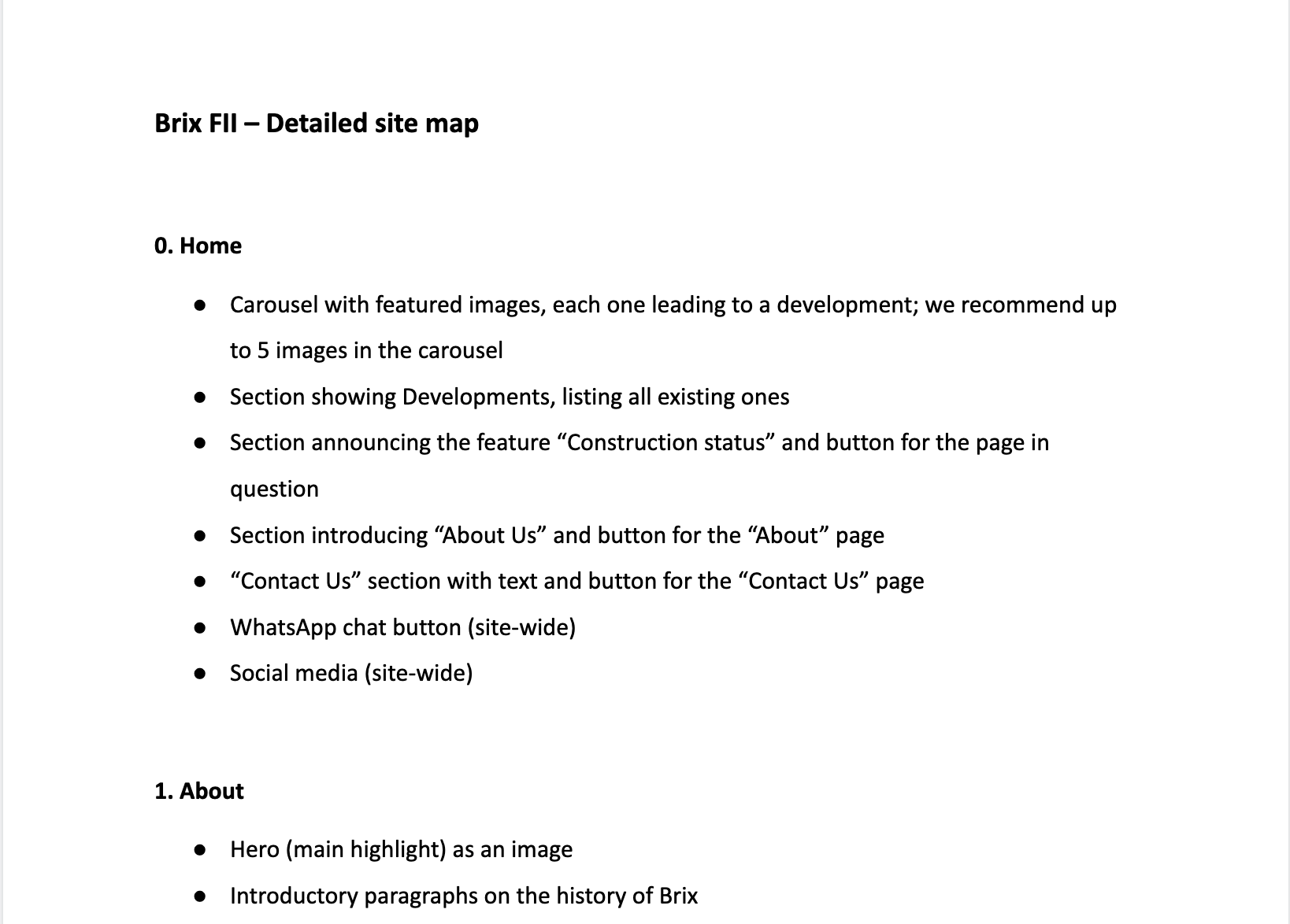 Document listing all pages and what elements are included in each one