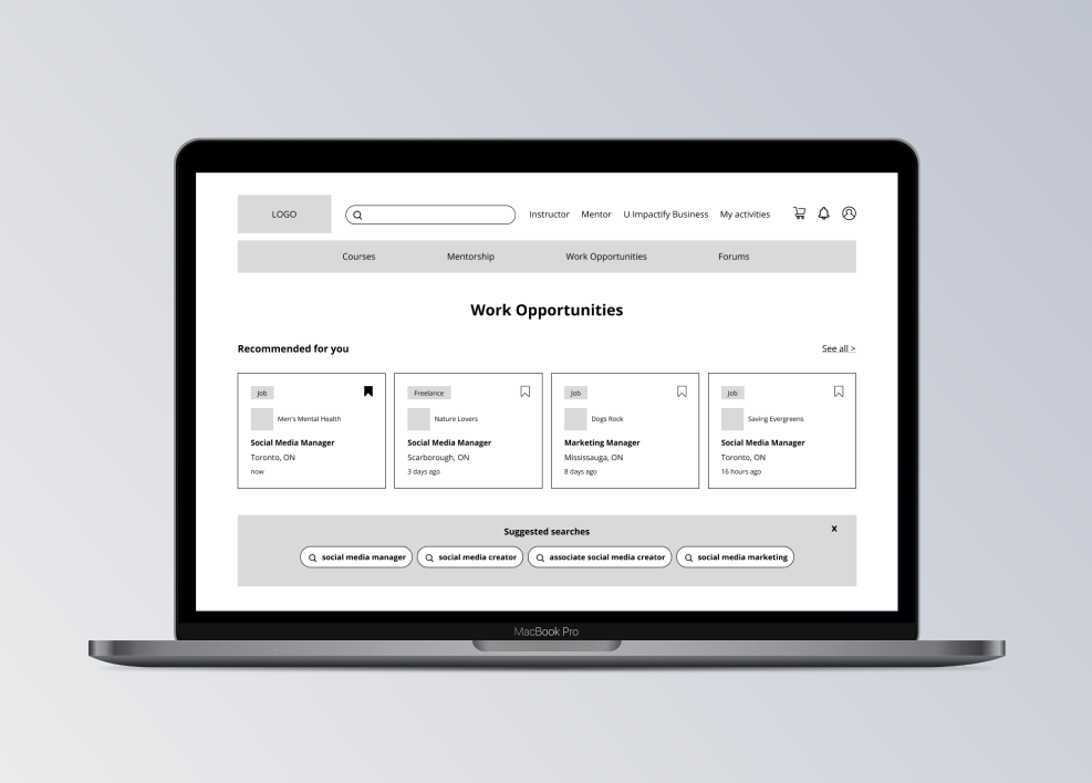 Image of a computer showing the wireframes of the U Impactify work opportunities page.