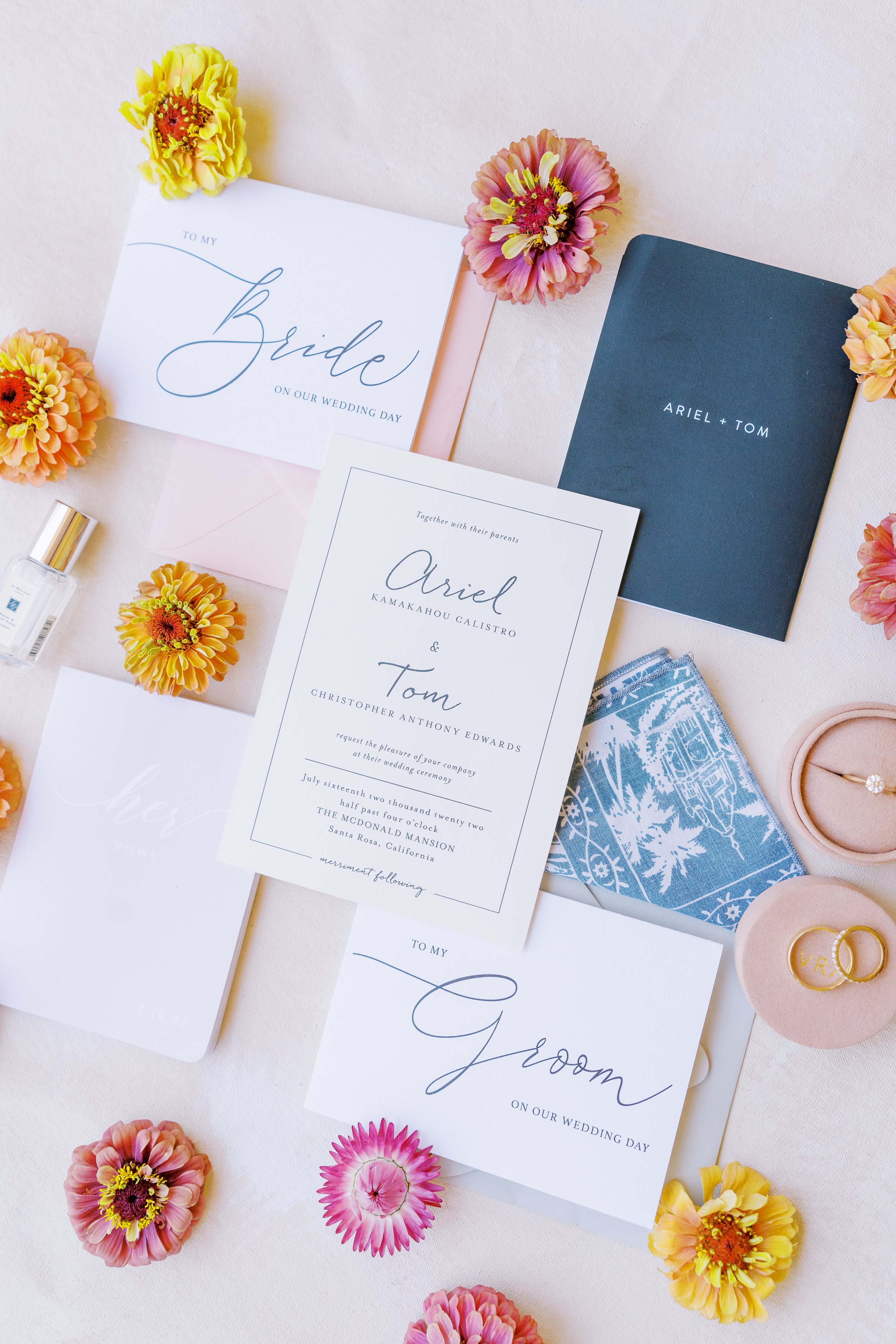 Flatlay of Philadelphia wedding invitations