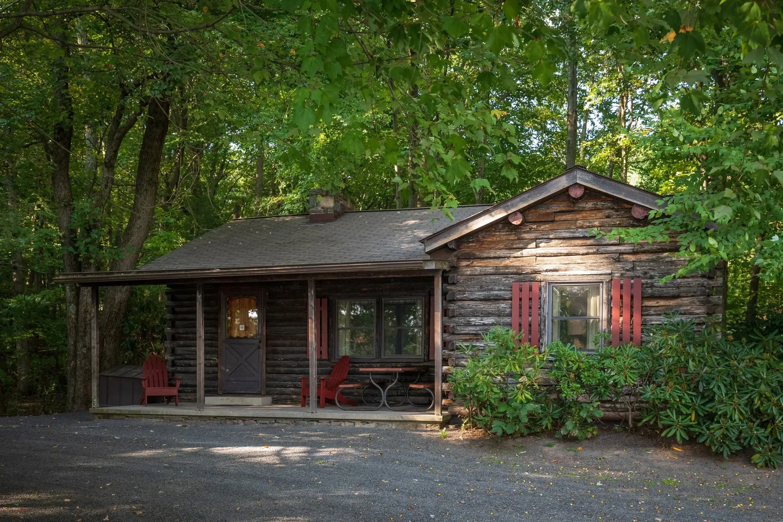 A rustic log cabin surrounded by trees with green foliage, featuring a small porch with two red Adirondack chairs, a table, and a window with red shutters.