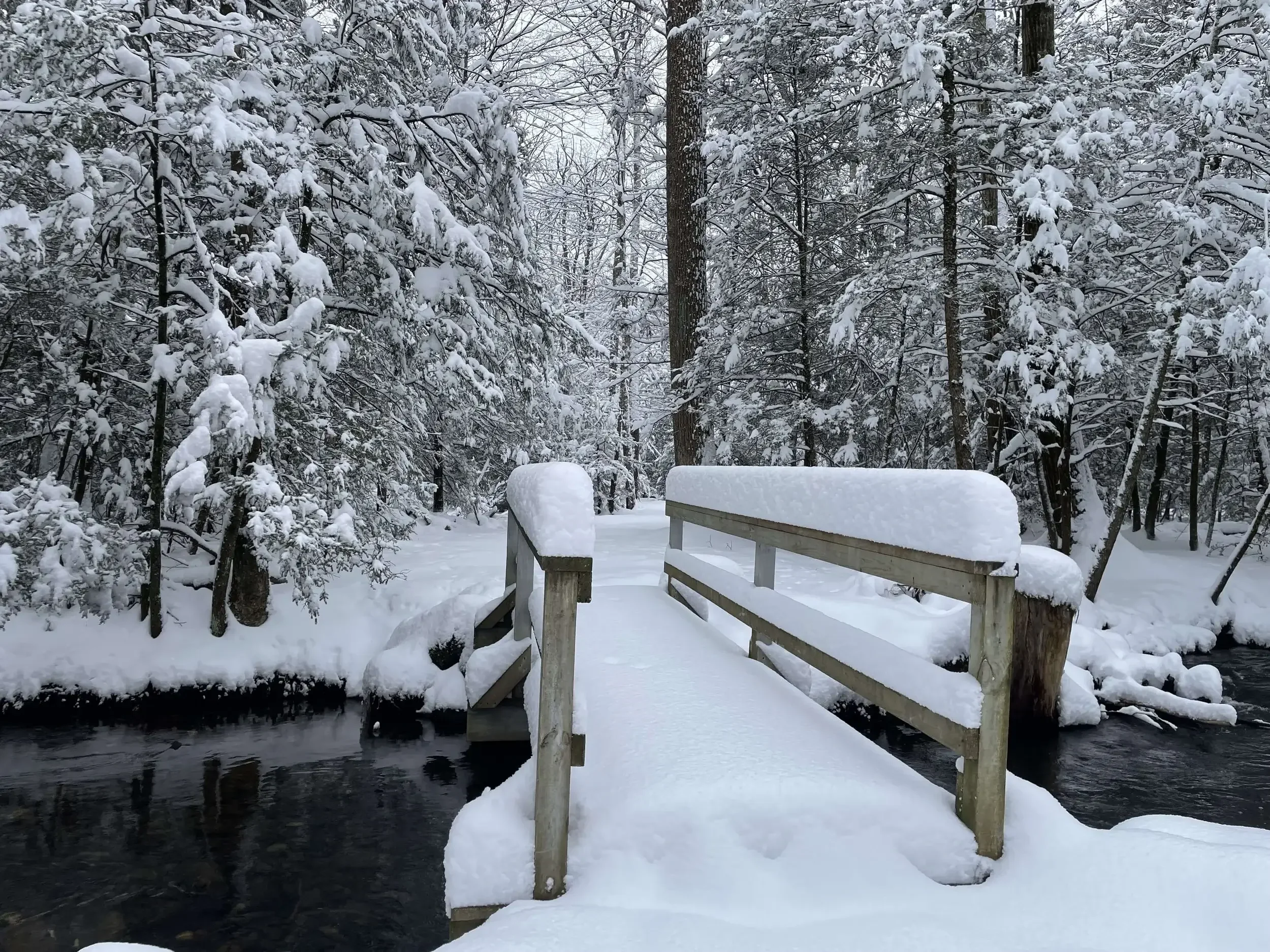 Snow-covered walking bridge at Mountain Springs Lake Resort in winter