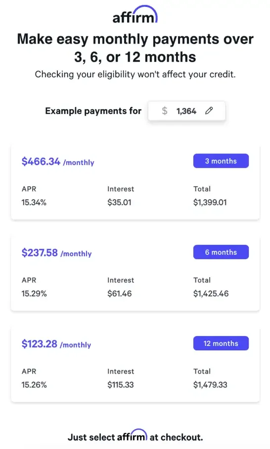 Example of Affirm flexible payment options showing monthly plans for 3, 6, or 12 months with sample rates and totals.