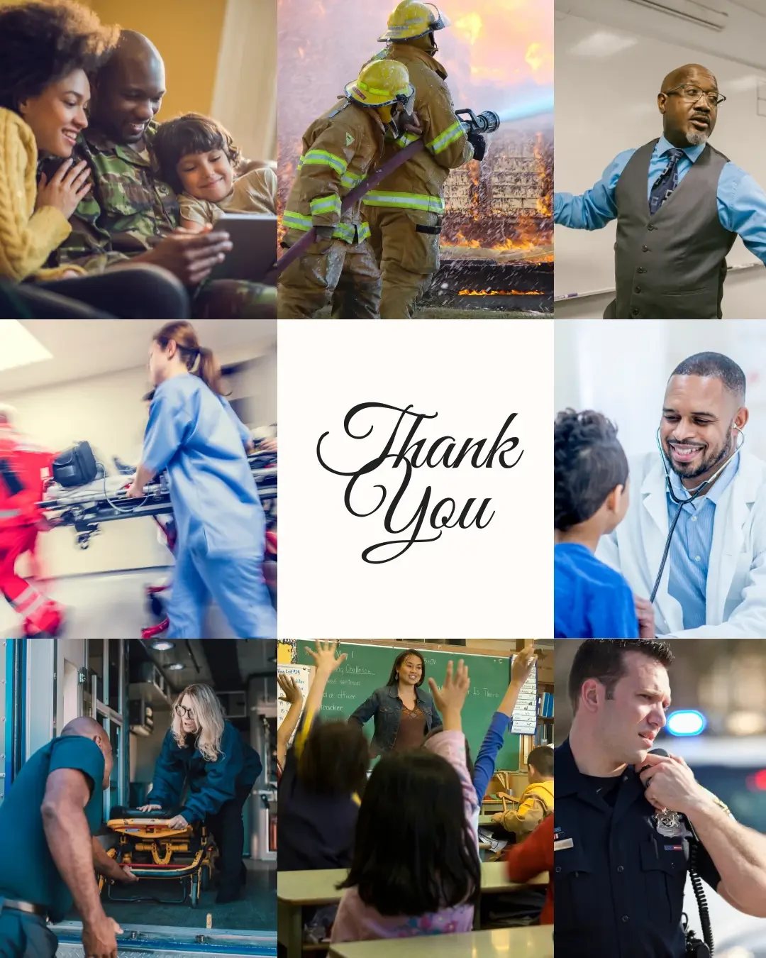 Collage of military, first responders, medical staff, and educators for the Heroes Escape discount at Mountain Springs Lake Resort.