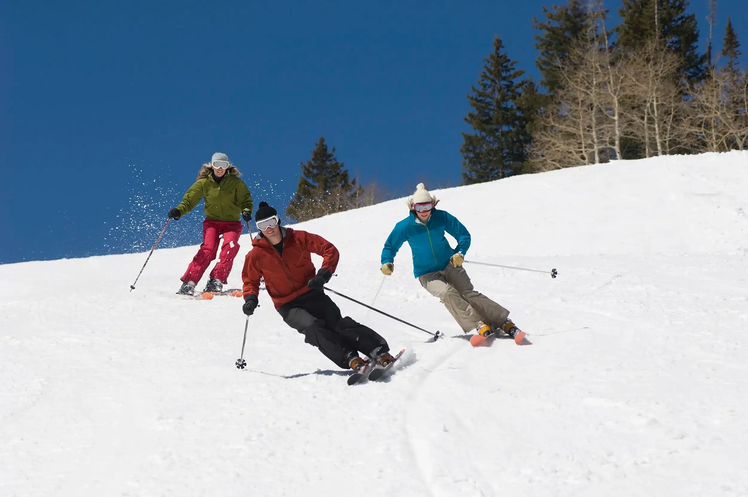 Three people skiing down a snowy slope with trees in the background under a clear blue sky.