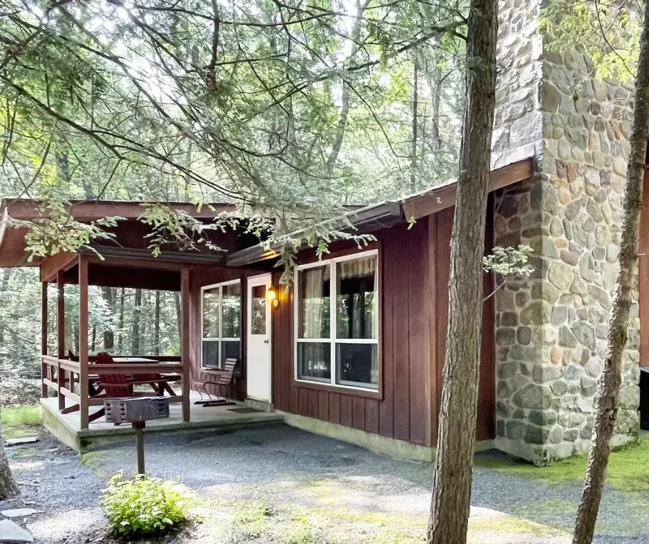 A cozy cabin with a stone chimney, wooden siding, and a small porch with outdoor furniture, surrounded by trees in a forest setting.