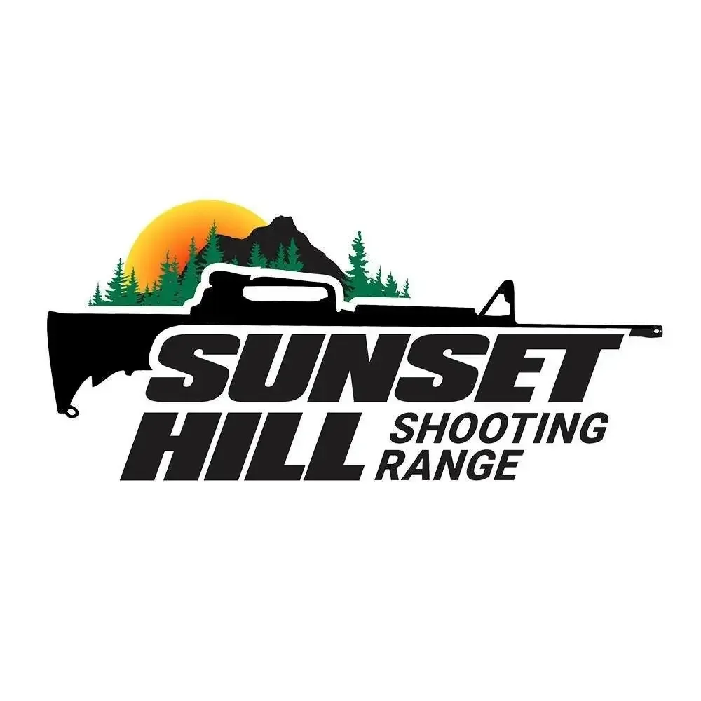 Logo for Sunset Hill Shooting Range featuring a mountain, green trees, a setting sun, and a rifle silhouette with bold text.