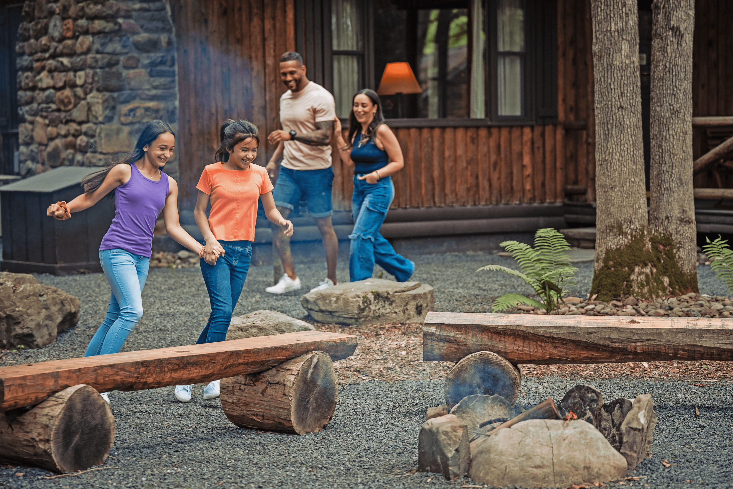 Family enjoying cabin accommodations at Mountain Springs Lake Resort