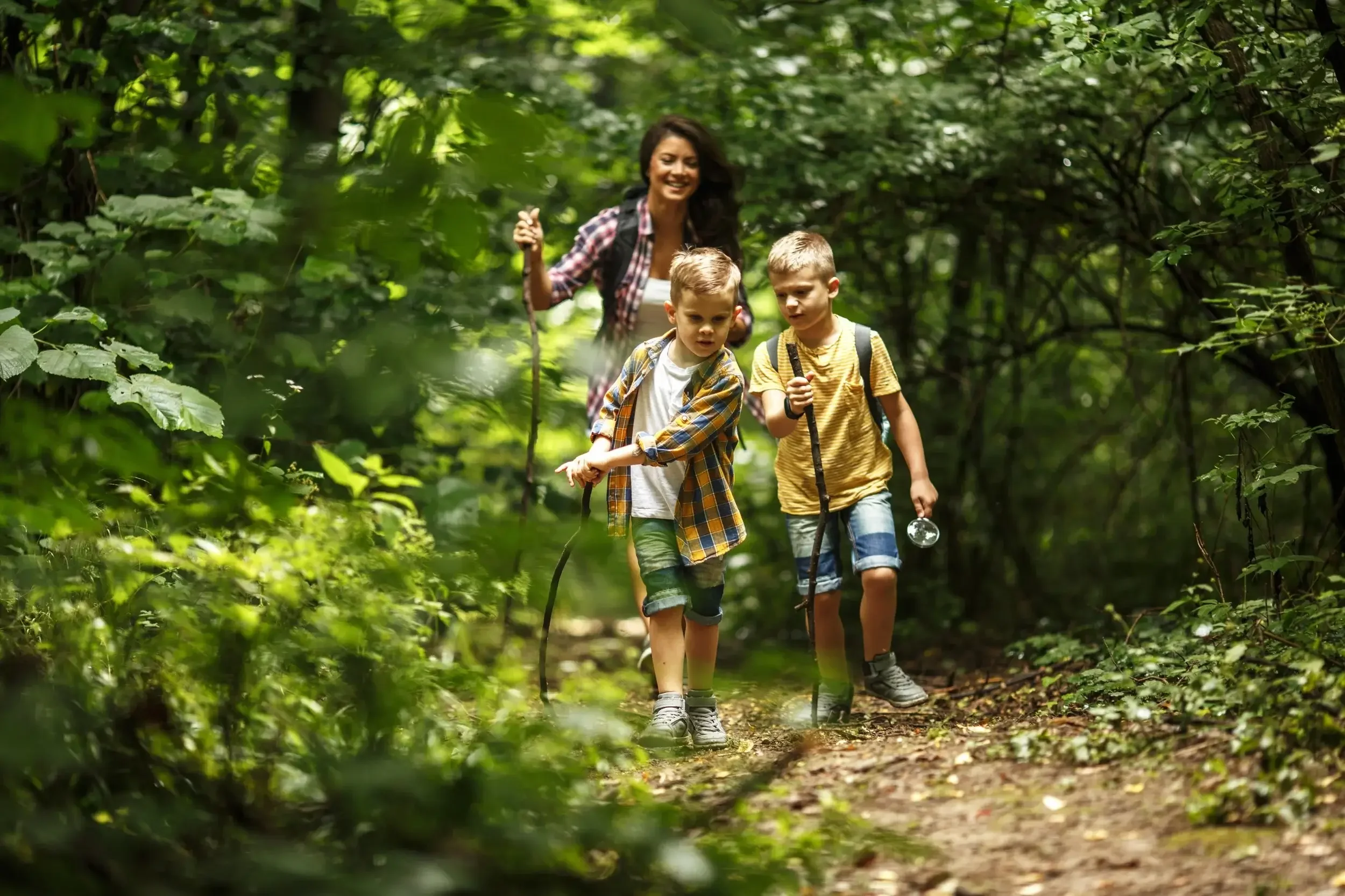A woman and two young boys hiking on a forest trail surrounded by green foliage.