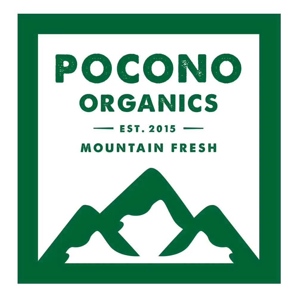 Logo for Pocono Organics featuring green mountain illustrations, the text 'Pocono Organics,' 'Est. 2015,' and 'Mountain Fresh' in green on a white background.