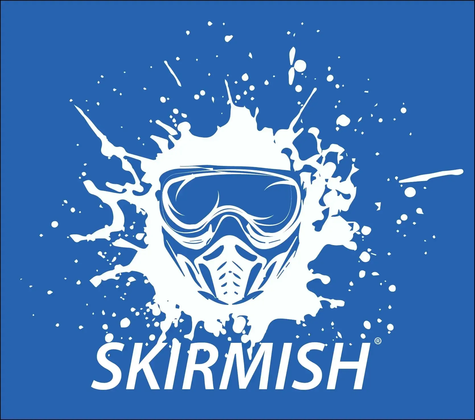 A graphic design featuring a stylized skull wearing goggles, with splashes of white paint or ink around it, and the word SKIRMISH written below.