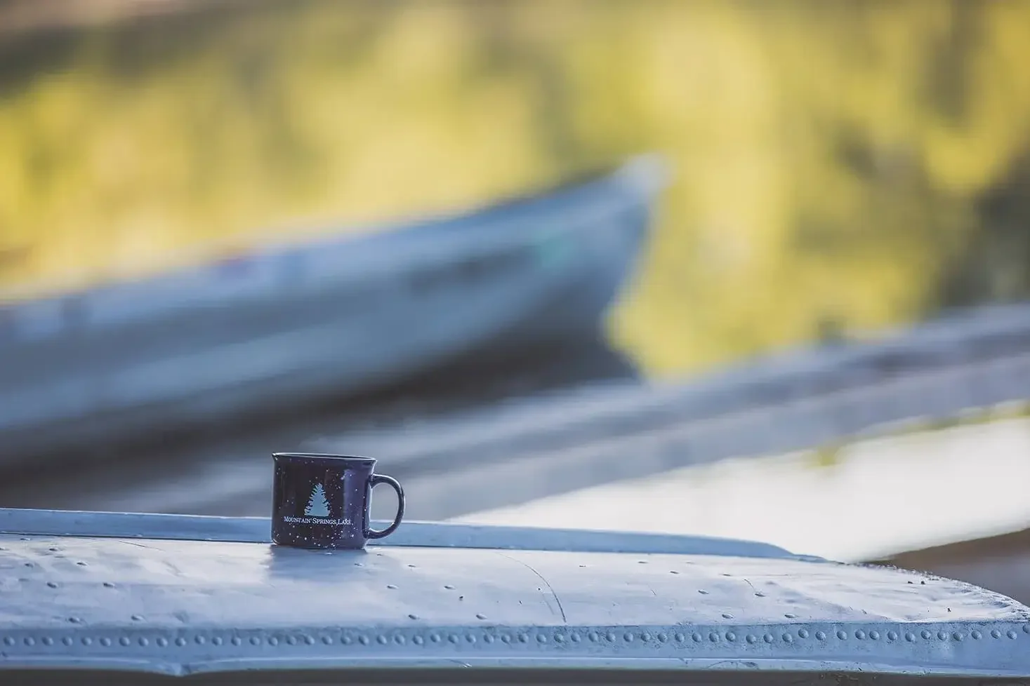 A black mug with a Christmas tree illustration and the words 'Mountain Springs Lake' resting on a metallic surface outdoors, with yellow-green blurred background.