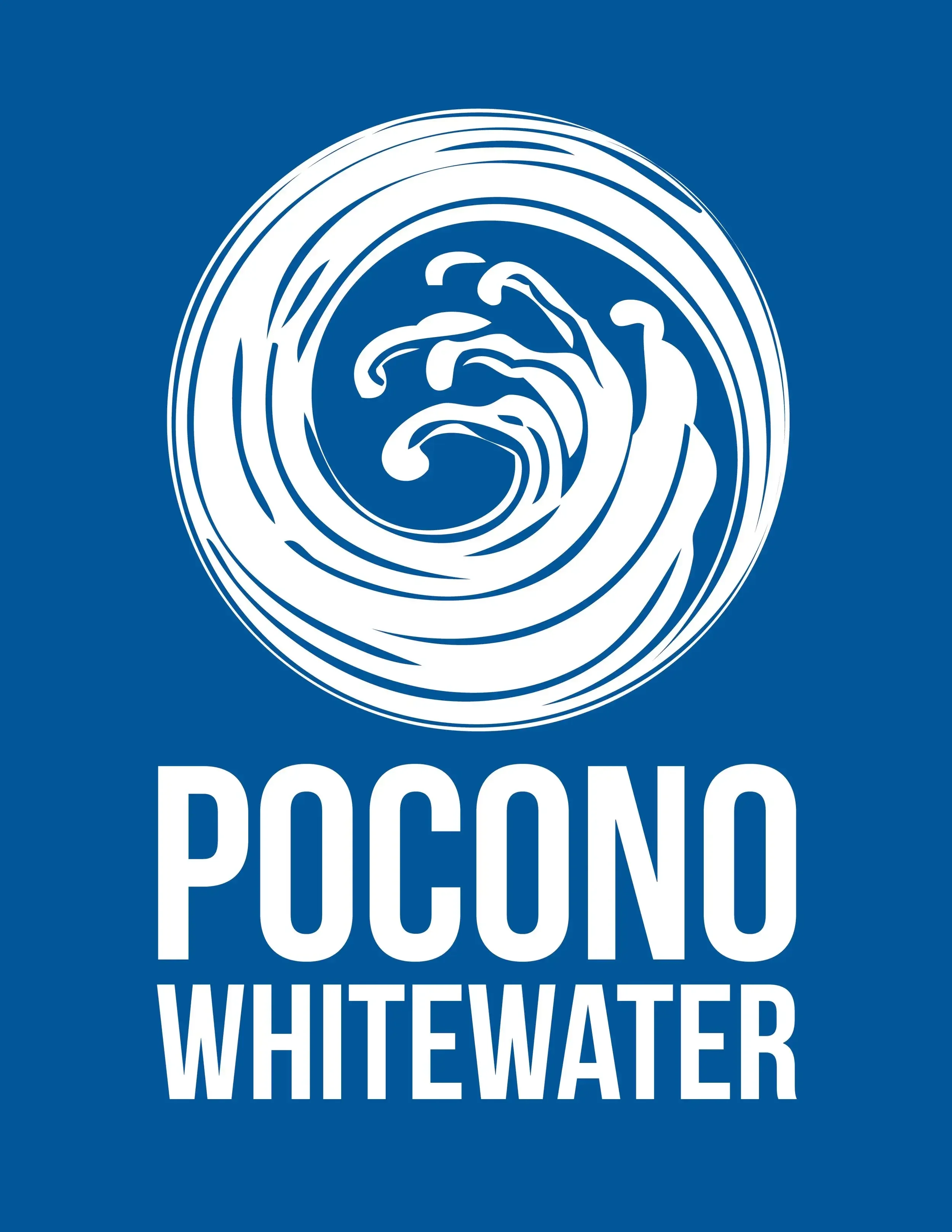 Logo with a stylized whirlpool above the words 'POCONO WHITEWATER' on a blue background.