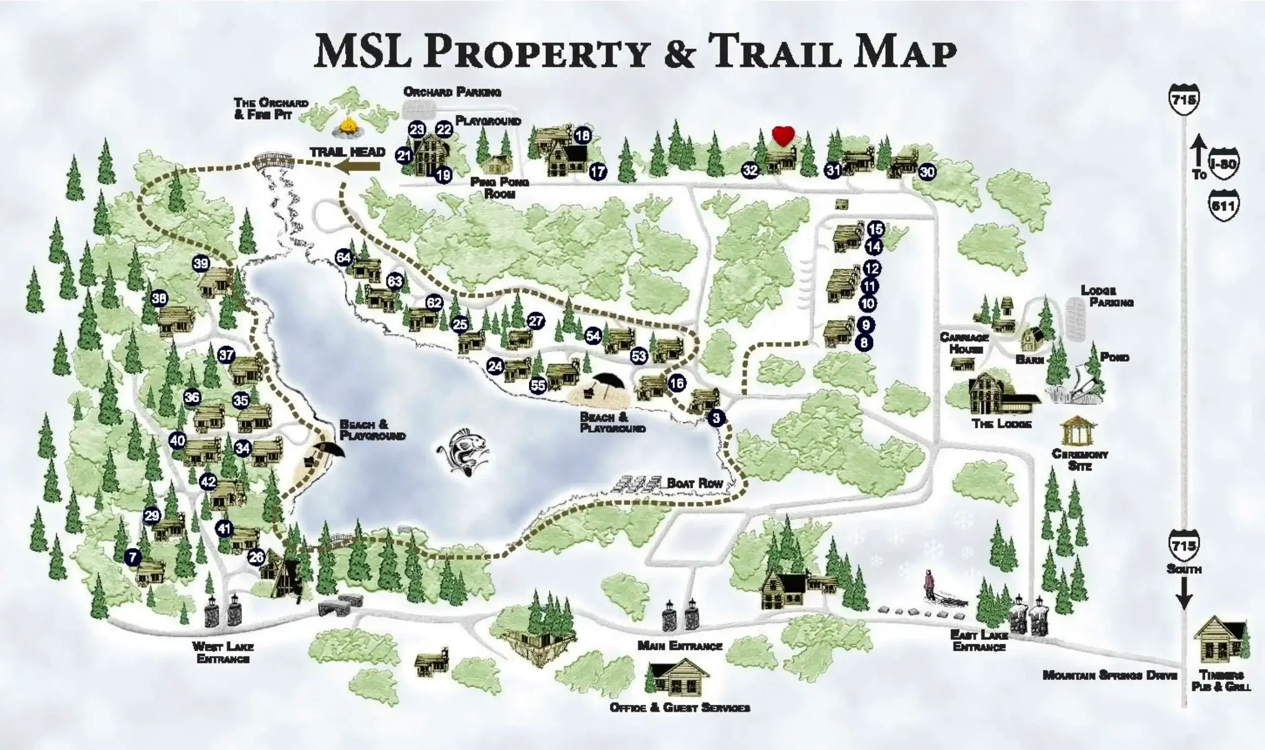Map titled "MSL Property & Trail Map" showing cabins, beaches, playgrounds, parking areas, entrances, and trails around a lake, with numbered locations and landmarks.