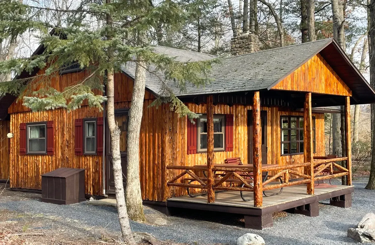 Wooden cabin with a porch, trees surrounding it, and a gravel pathway in front.