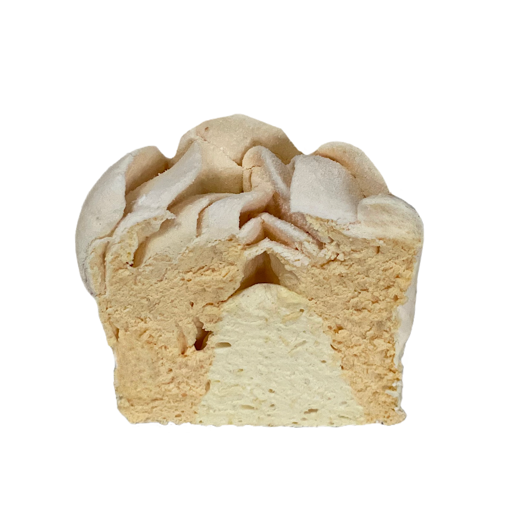 Cross-section of a vanilla marshmallow meringue cookie with a soft inside and light, airy toppings.