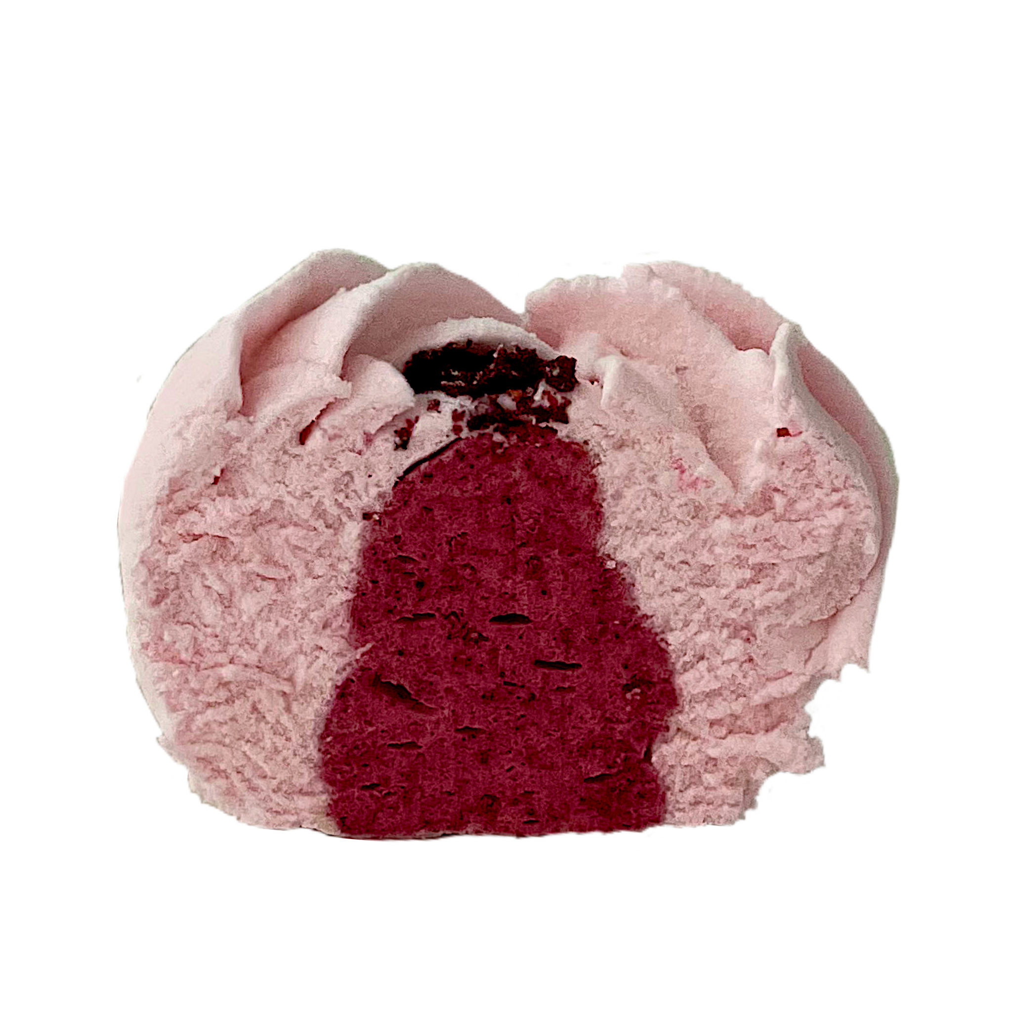 Cross-section of a pink and red cake roll cake with pink frosting and a dark red filling.
