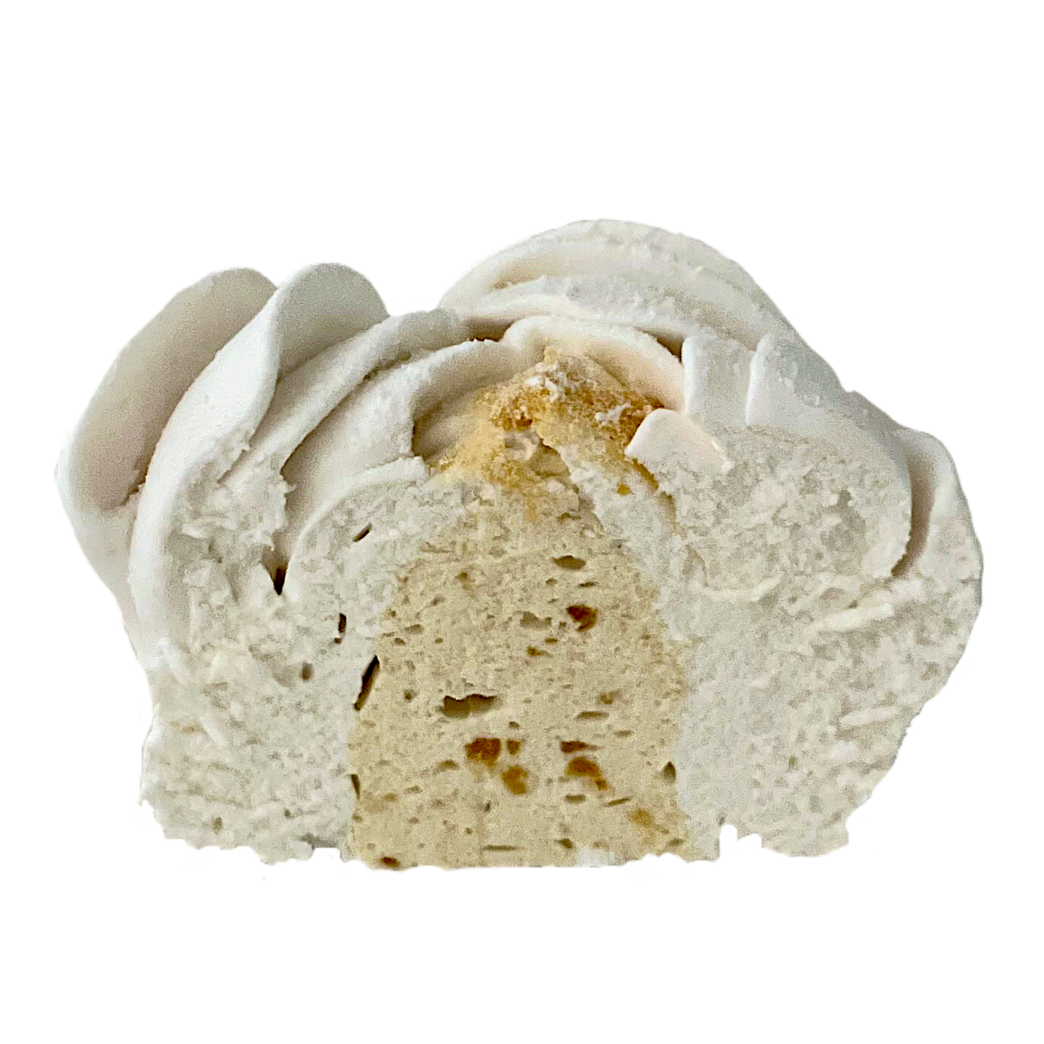 Cross-section of a white ice cream drumstick with a chocolate coating, showing vanilla ice cream and a core of a yellow filling.