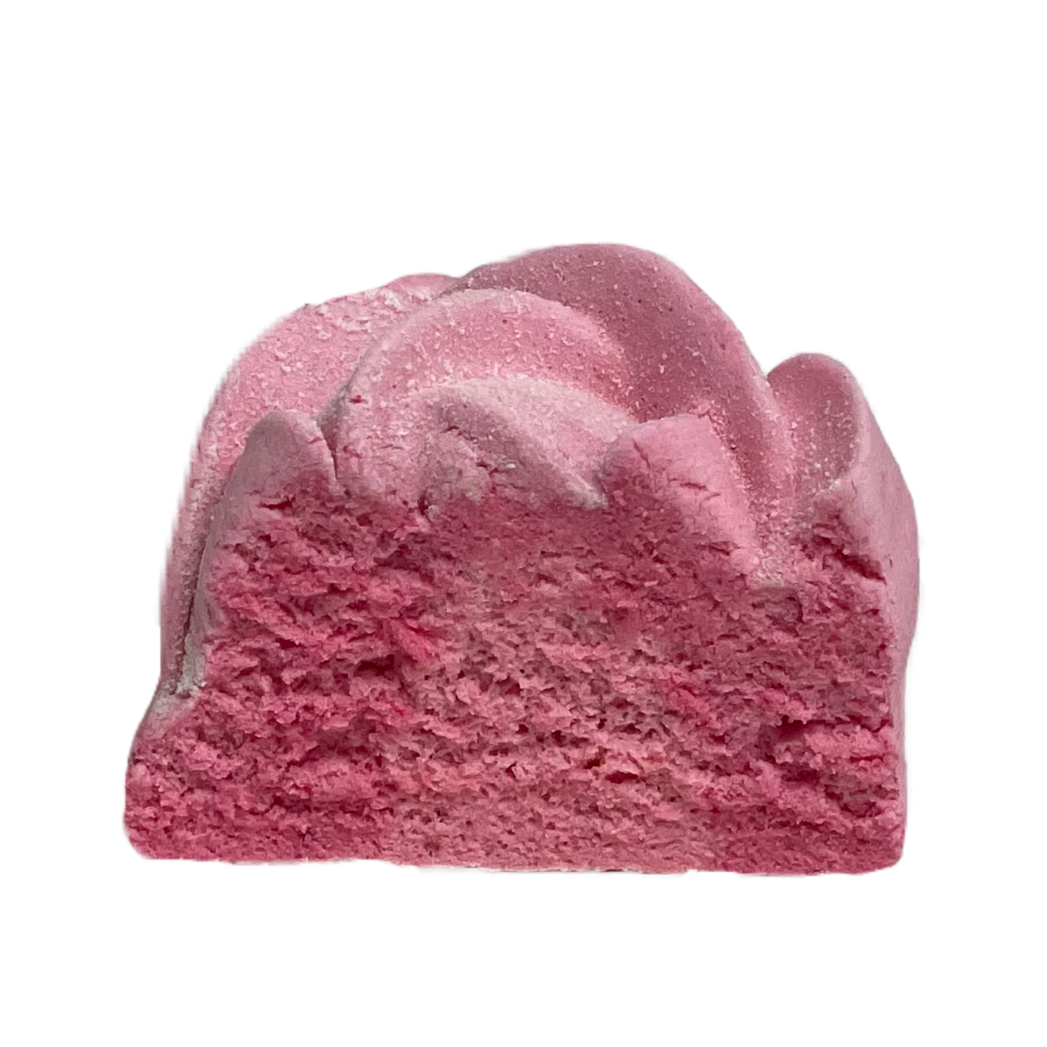 A pink, heart-shaped bath bomb with textured surface and a darker pink hue on some parts.