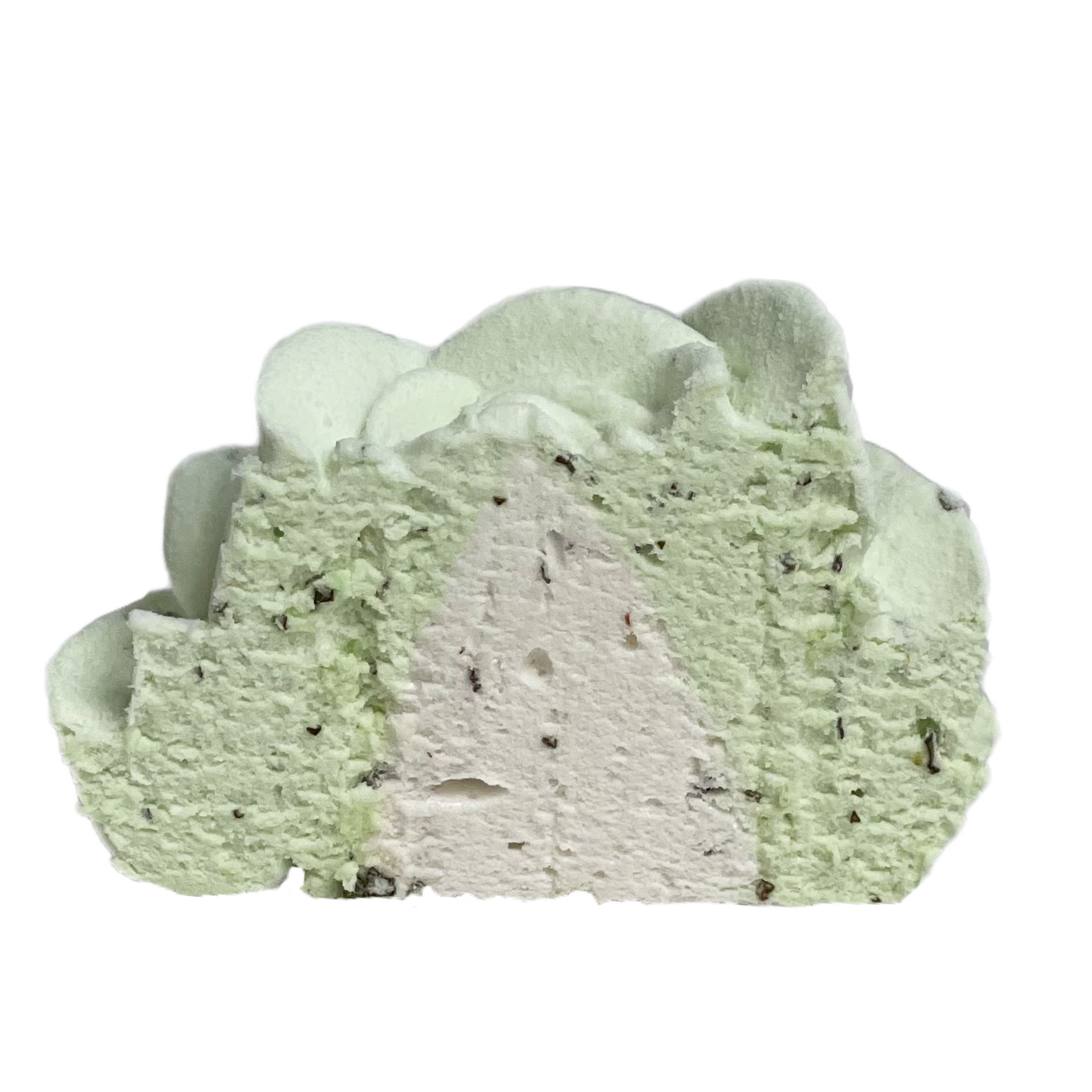 A close-up of a scoop of pale green ice cream with visible dark chocolate flakes