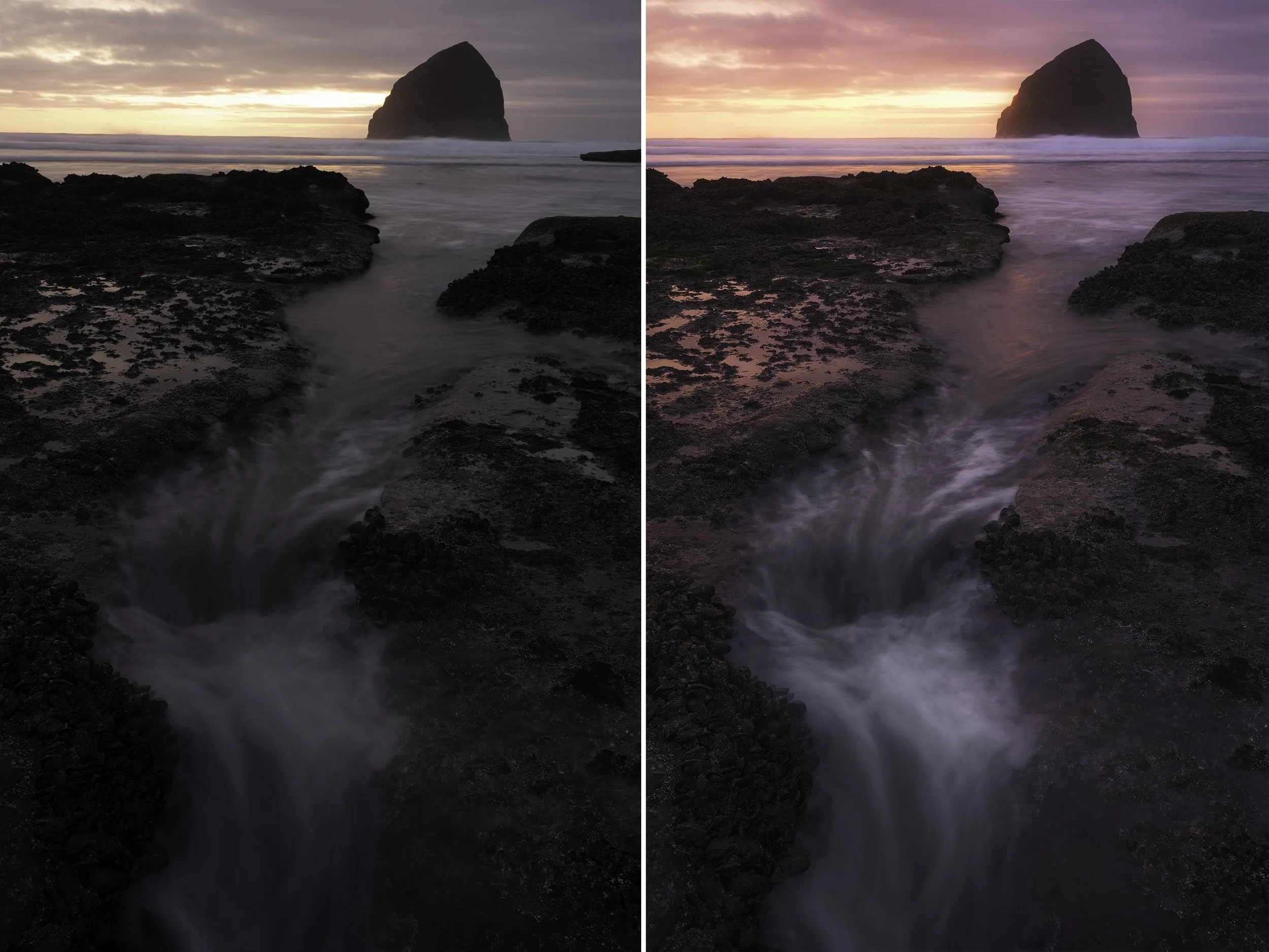 Before and after seascape photo edit using Lightroom and Photoshop
