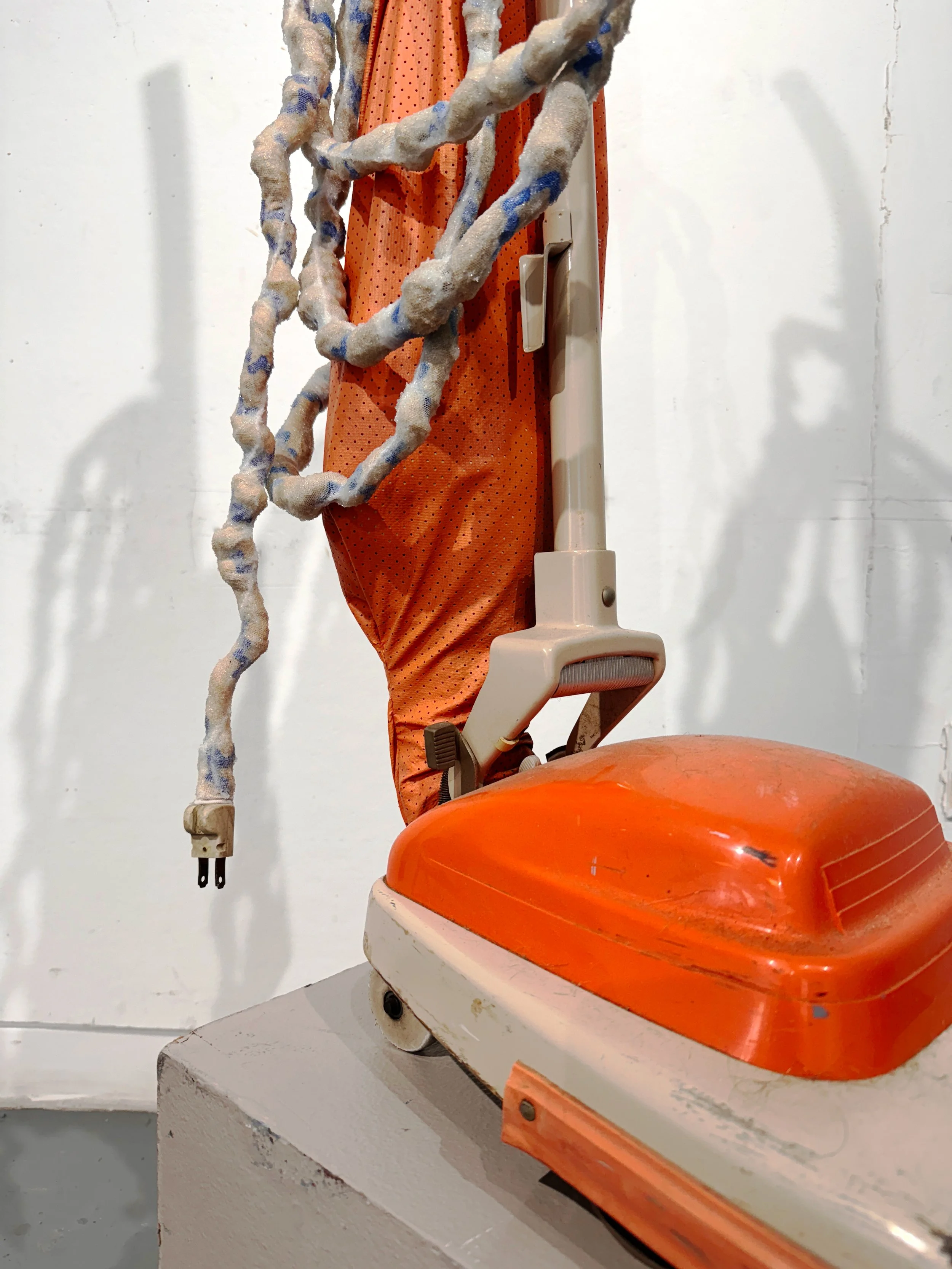  Velvet curtains, ric rac, thread, nylon mesh, acrylic, found vacuum  45 x 20 x 30in  2024 