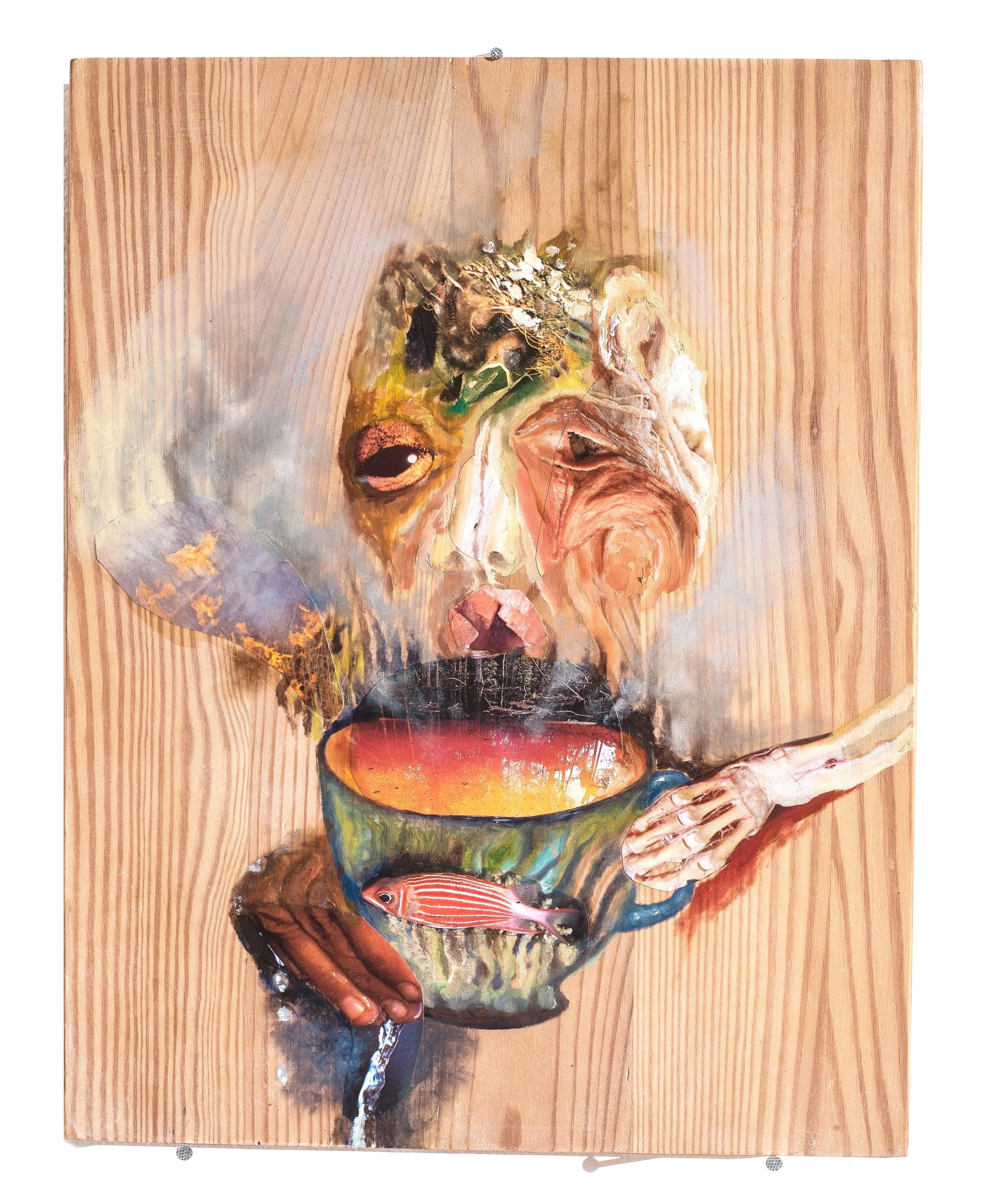 Oil and collage on wood, 38 x 30 xm