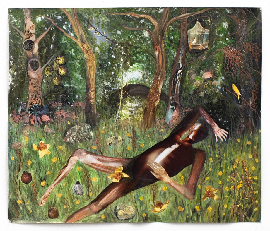 'The boy and the moth' oil, collage and acrylic on canvas. 40 x 60 cm 