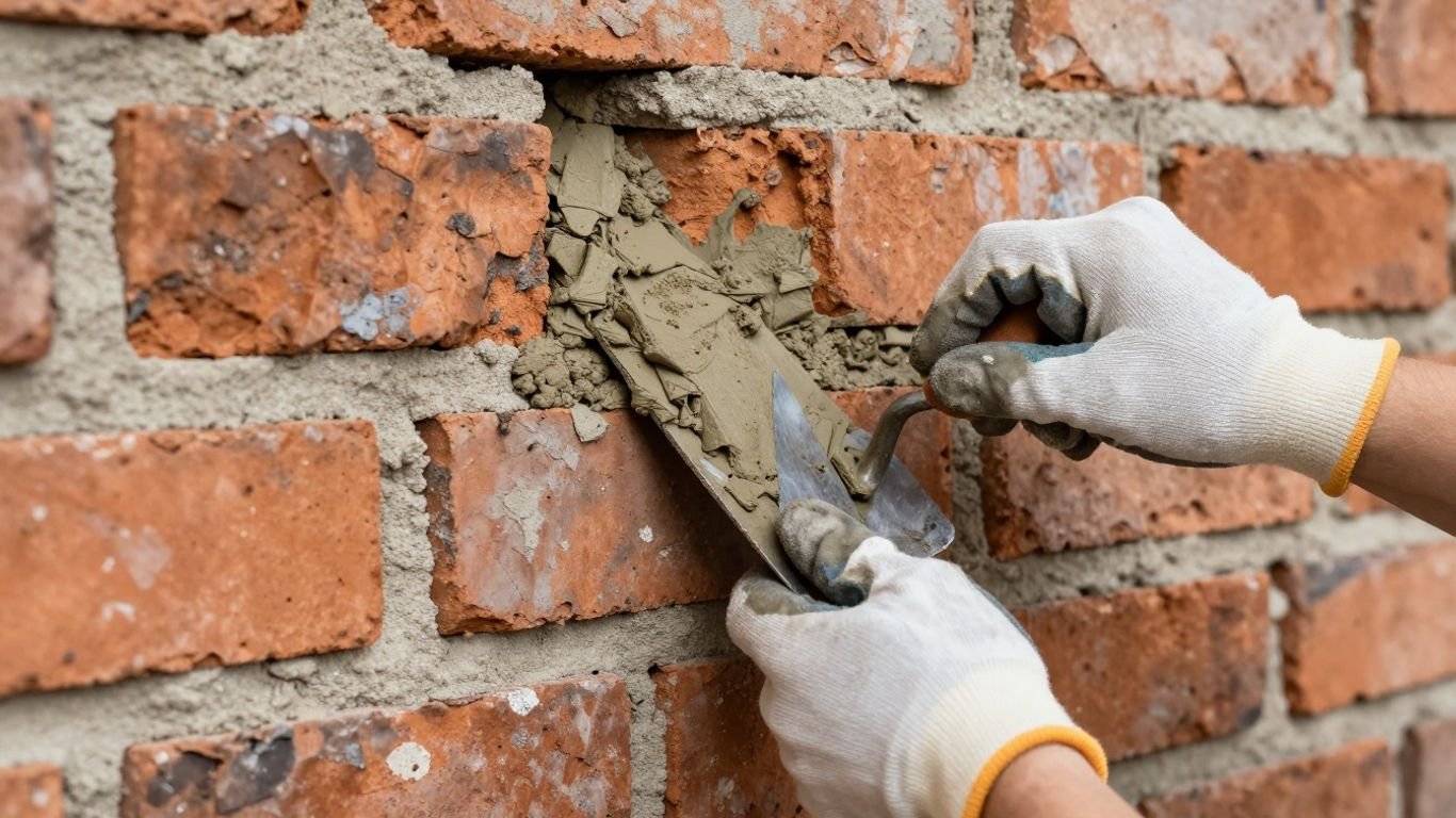 Repairing crumbling mortar on a brick wall.